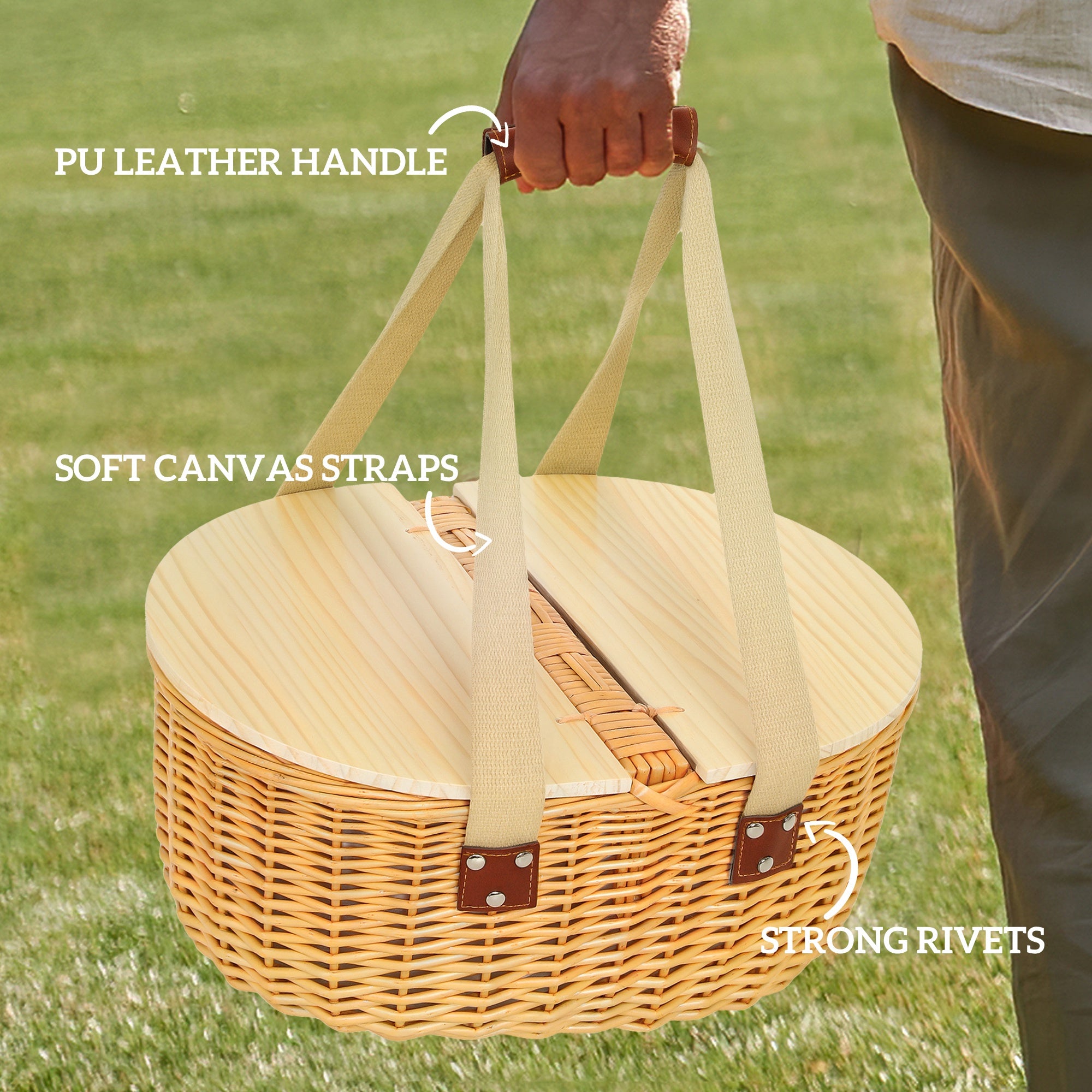 Outsunny Wicker Picnic Basket for 2 with Pine Wood Lid, Picnic Hamper with Cooler Compartment, Cutlery Service Kits, Carry Handle for Camping, Outdoor, Valentine Day, Chirtmas, Birthday, Light Brown - North Peak Garden Furniture