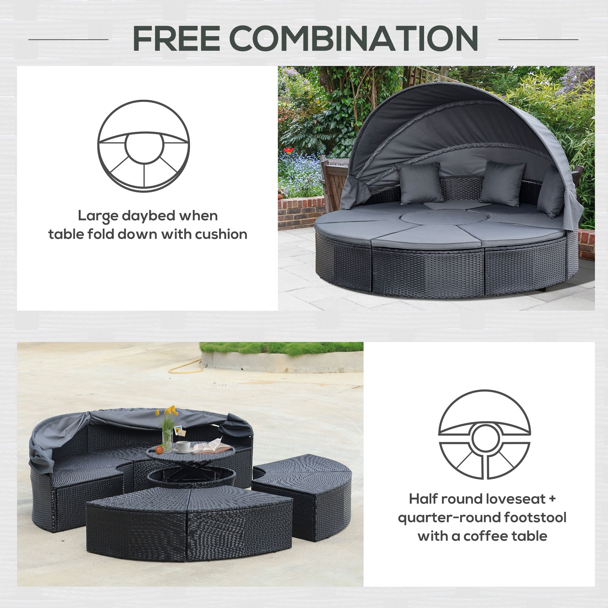 Outsunny 4 Pieces PE Rattan Garden Daybed Set, Outdoor Wicker Cushioned Round Sofa Bed Conversation Furniture with Coffee Table & Canopy, Black - North Peak Garden Furniture