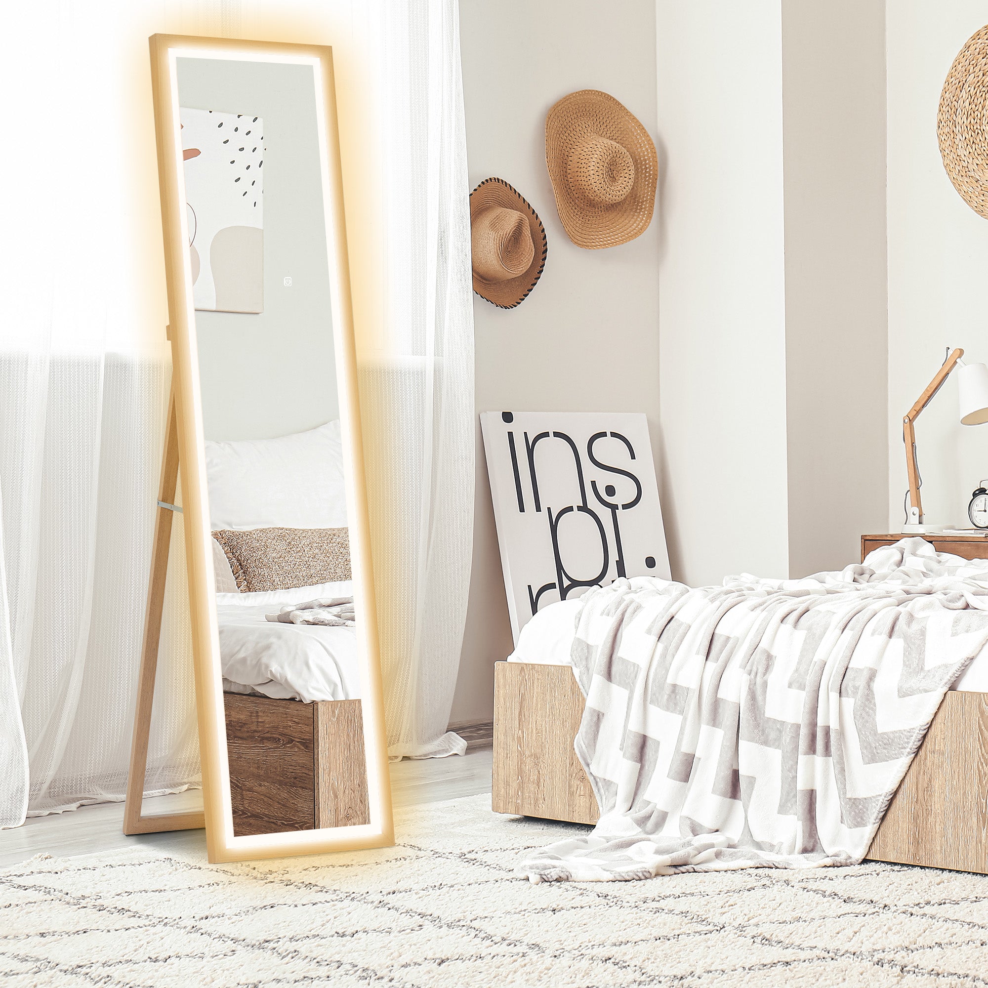 HOMCOM Full Length Mirror, with Adjustable Outer Light, Oak - North Peak Garden Furniture