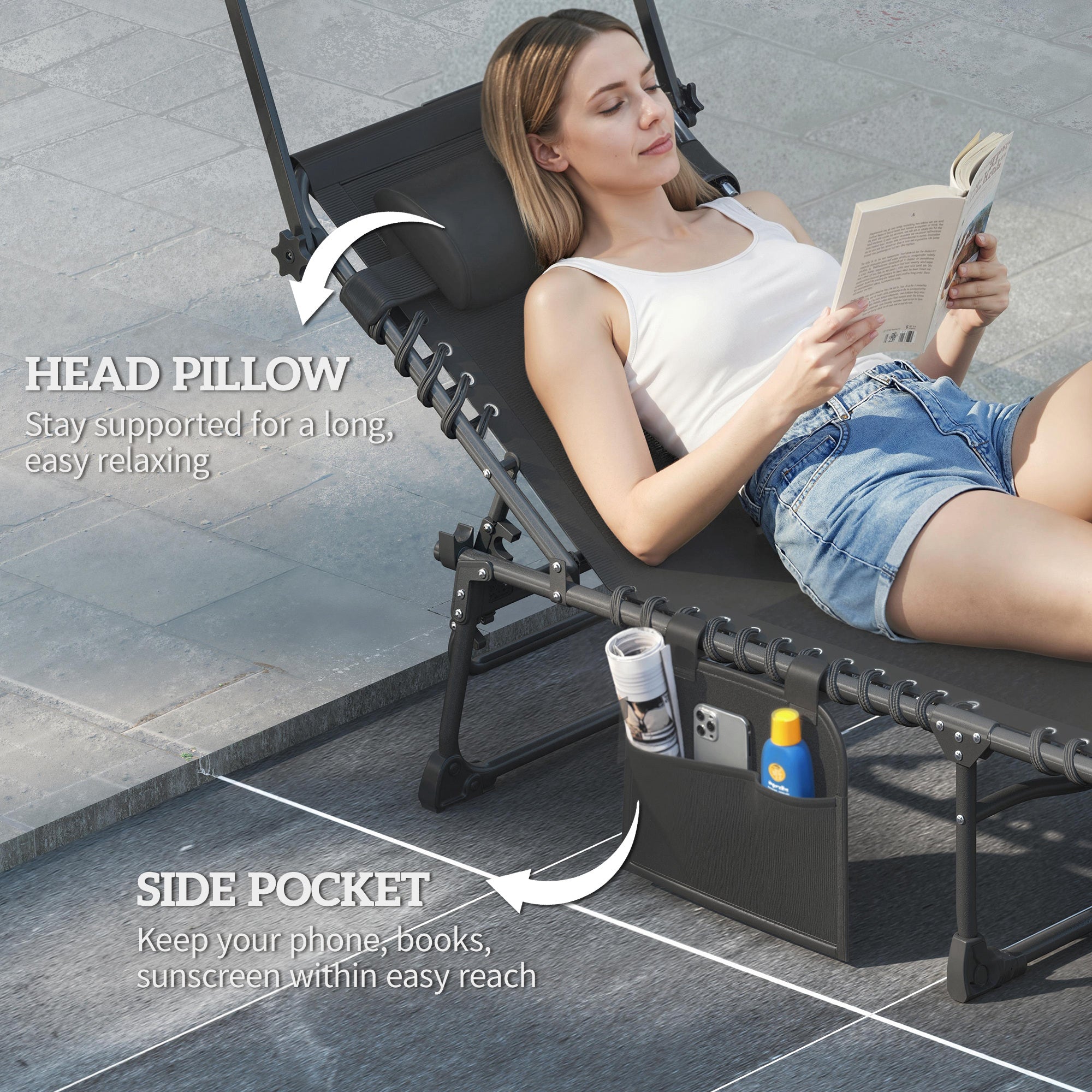 Outsunny Folding Sun Loungers Set of 2 with Canopy, Reclining Sunbed with Cushion, Side Pocket, Carrying Handle, Light Grey