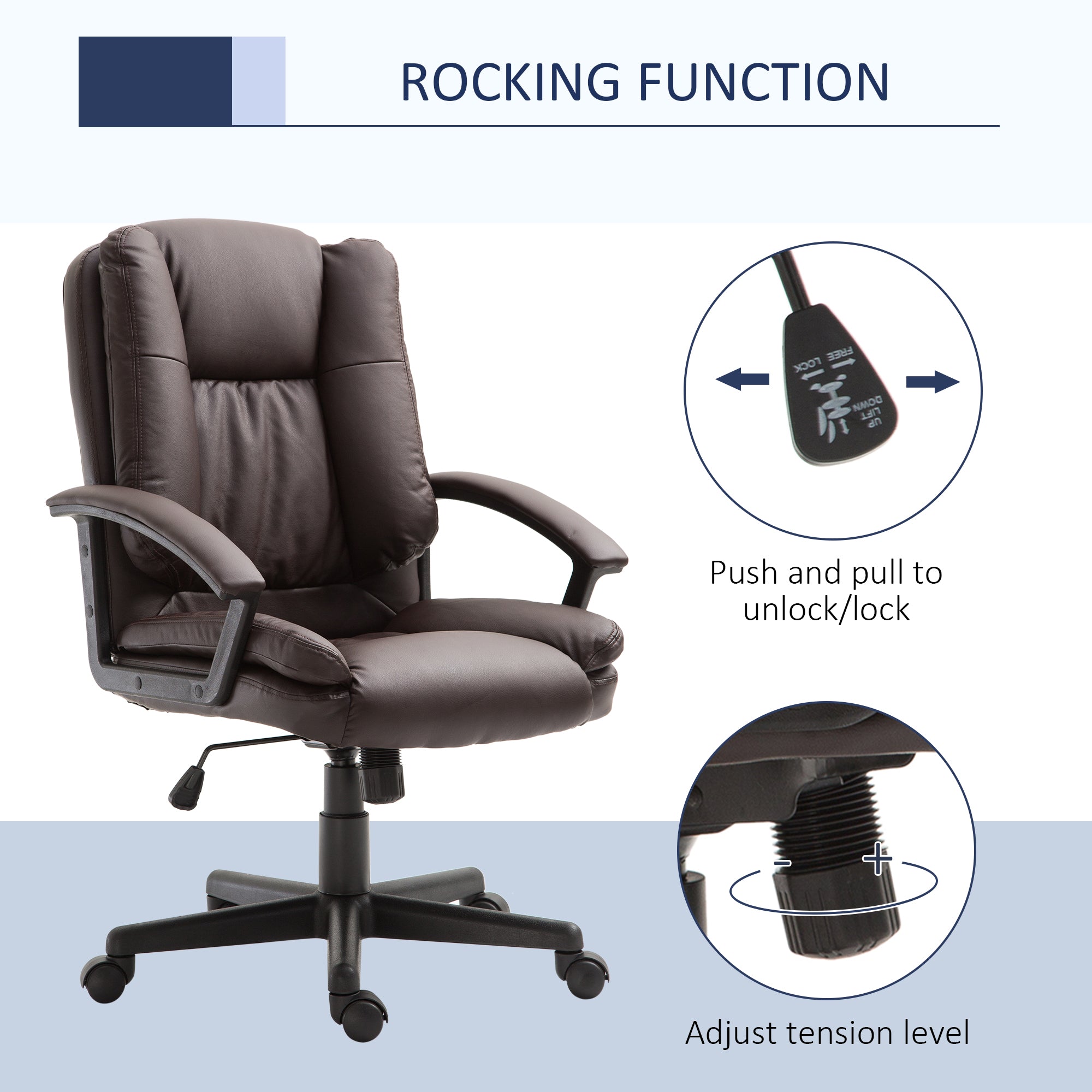 HOMCOM Office Chair, Faux Leather Computer Desk Chair, Mid Back Executive Chair with Adjustable Height and Swivel Rolling Wheels for Home Study, Brown - North Peak Garden Furniture