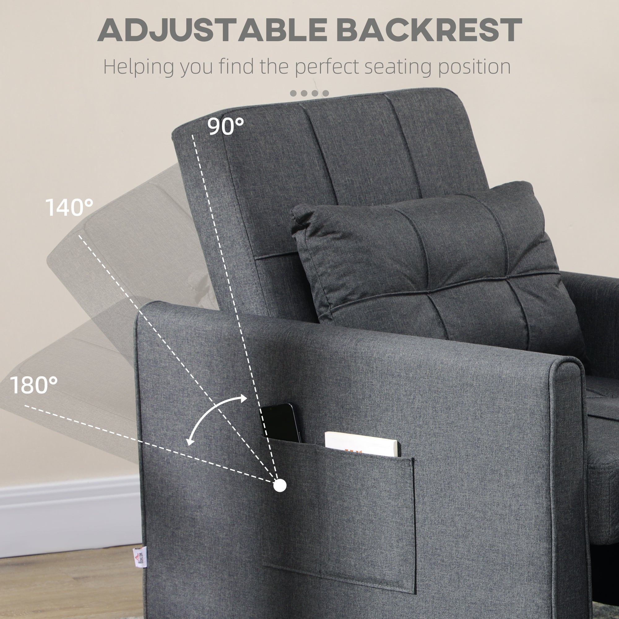 HOMCOM 3-In-1 Convertible Chair Bed, Pull Out Sleeper Chair with Adjustable Backrest, Side Pockets, Grey - North Peak Garden Furniture