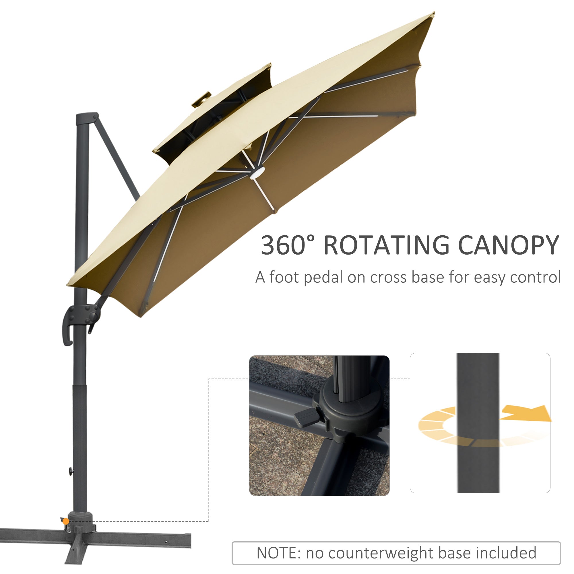 Outsunny 3m Cantilever Parasol, Outdoor Offset Patio Umbrella, Solar LED Lighted Hanging Sun Shade Canopy with Tilt and Crank Handle, Cross Base for Lawn, Khaki