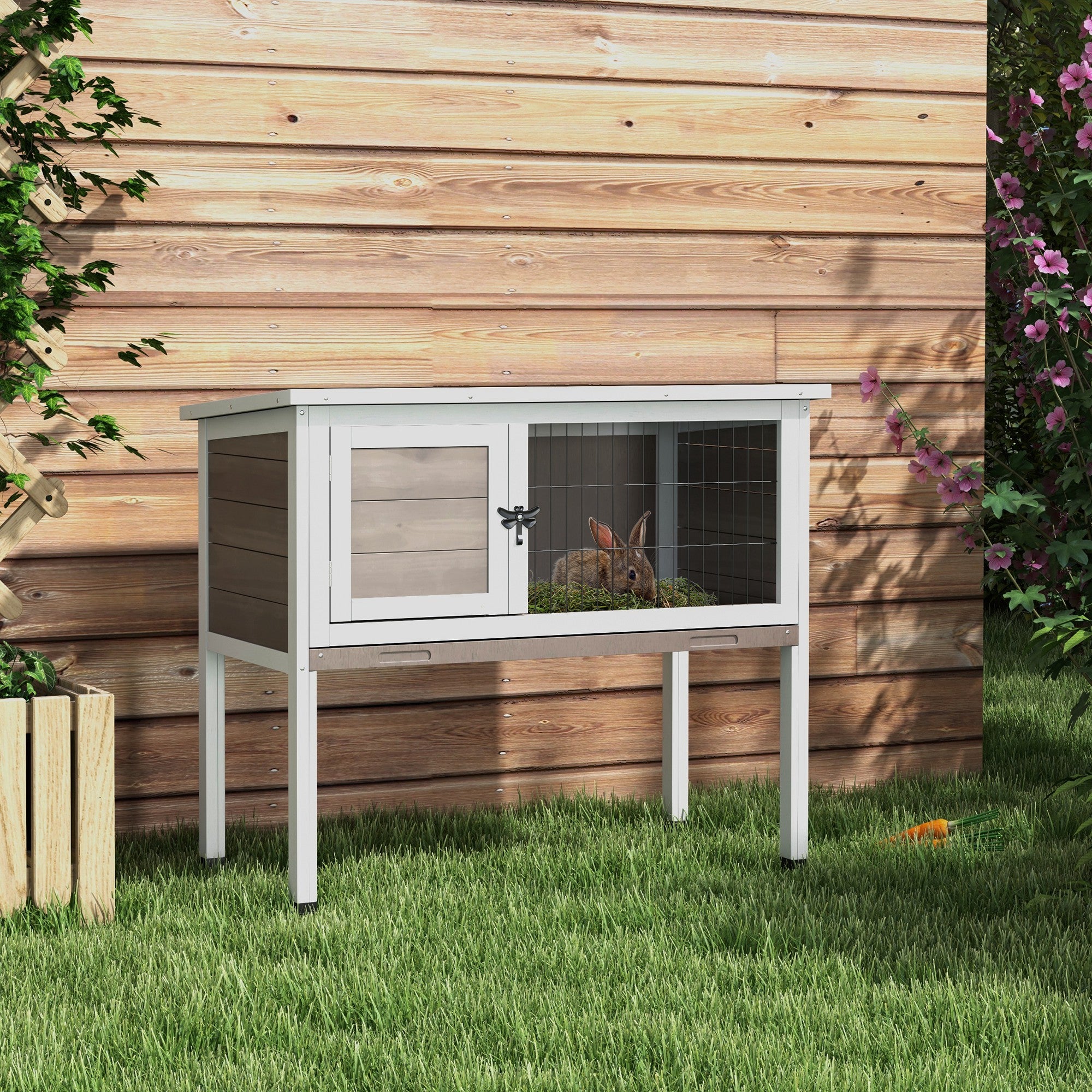 PawHut Wooden Guinea Pig Hutch, Small Animal Cage with Slide-out Tray, Openable Asphalt Roof, 84 x 43 x 70cm, Brown - North Peak Garden Furniture