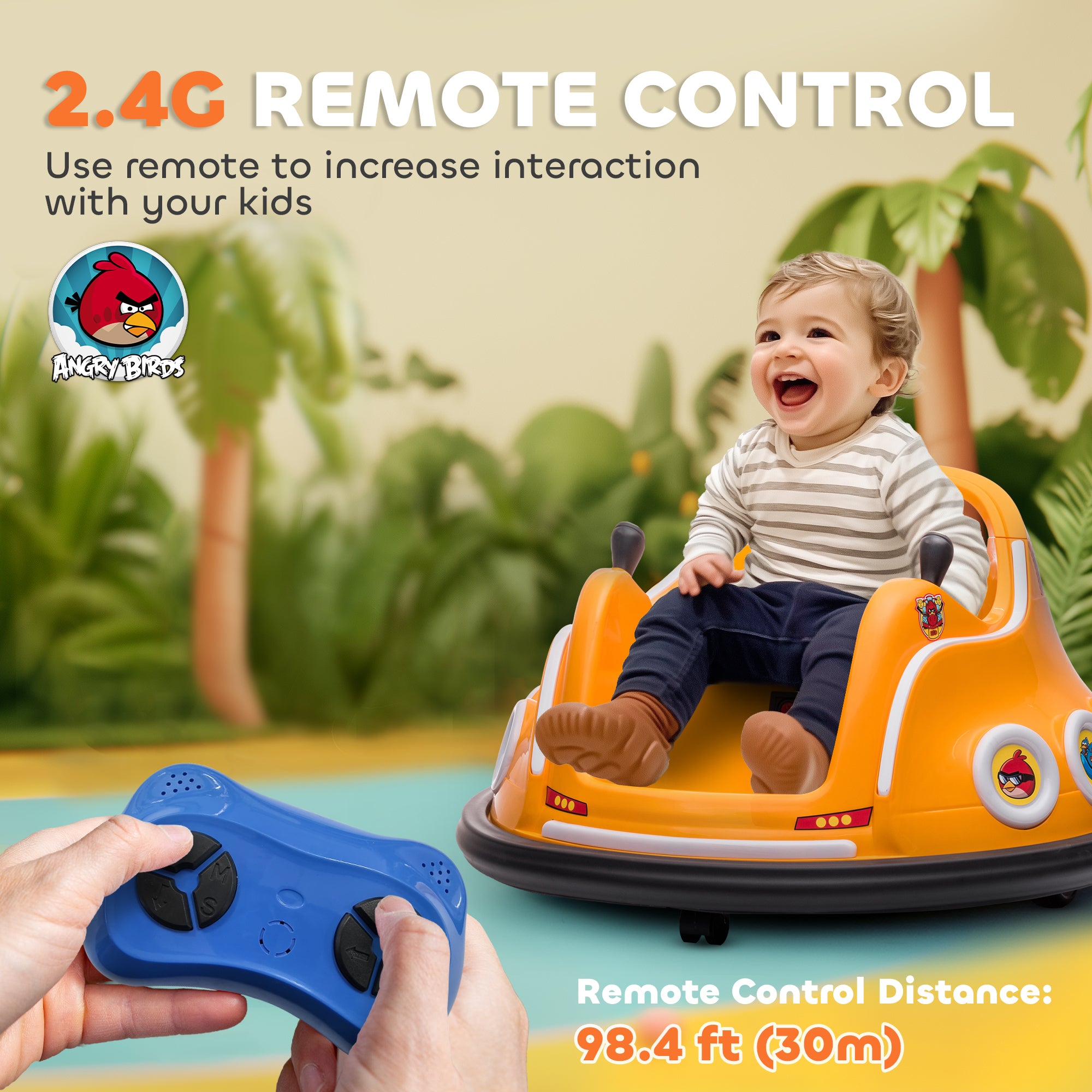 AIYAPLAY Angry Bird Licensed Waltzer Car, 12V Kids Bumper Car w/ Joysticks, Remote, Music LED Lights - Orange - North Peak Garden Furniture