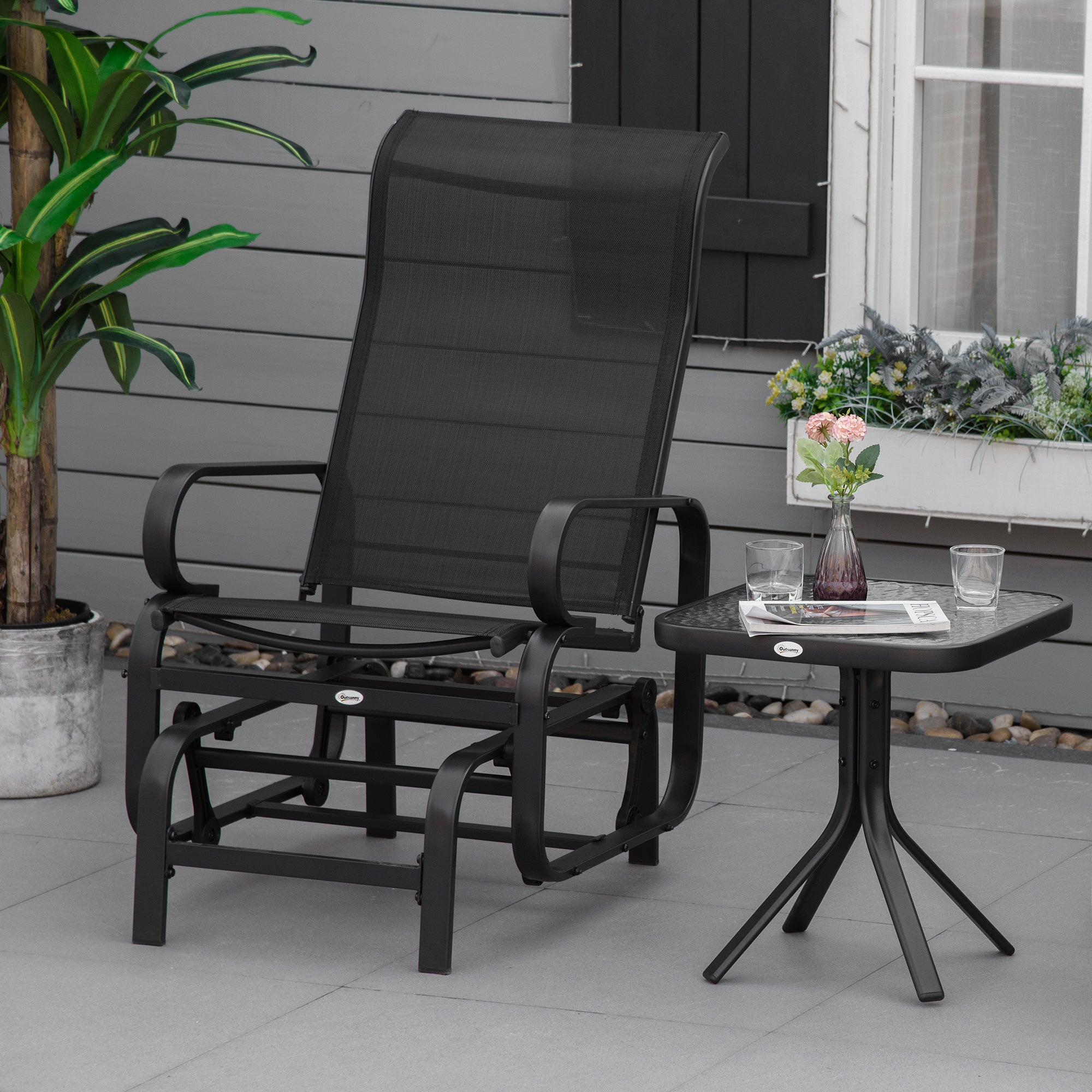 Outsunny Outdoor Gliding Rocking Chair with Sturdy Metal Frame Garden Comfortable Swing Chair, Black - North Peak Garden Furniture