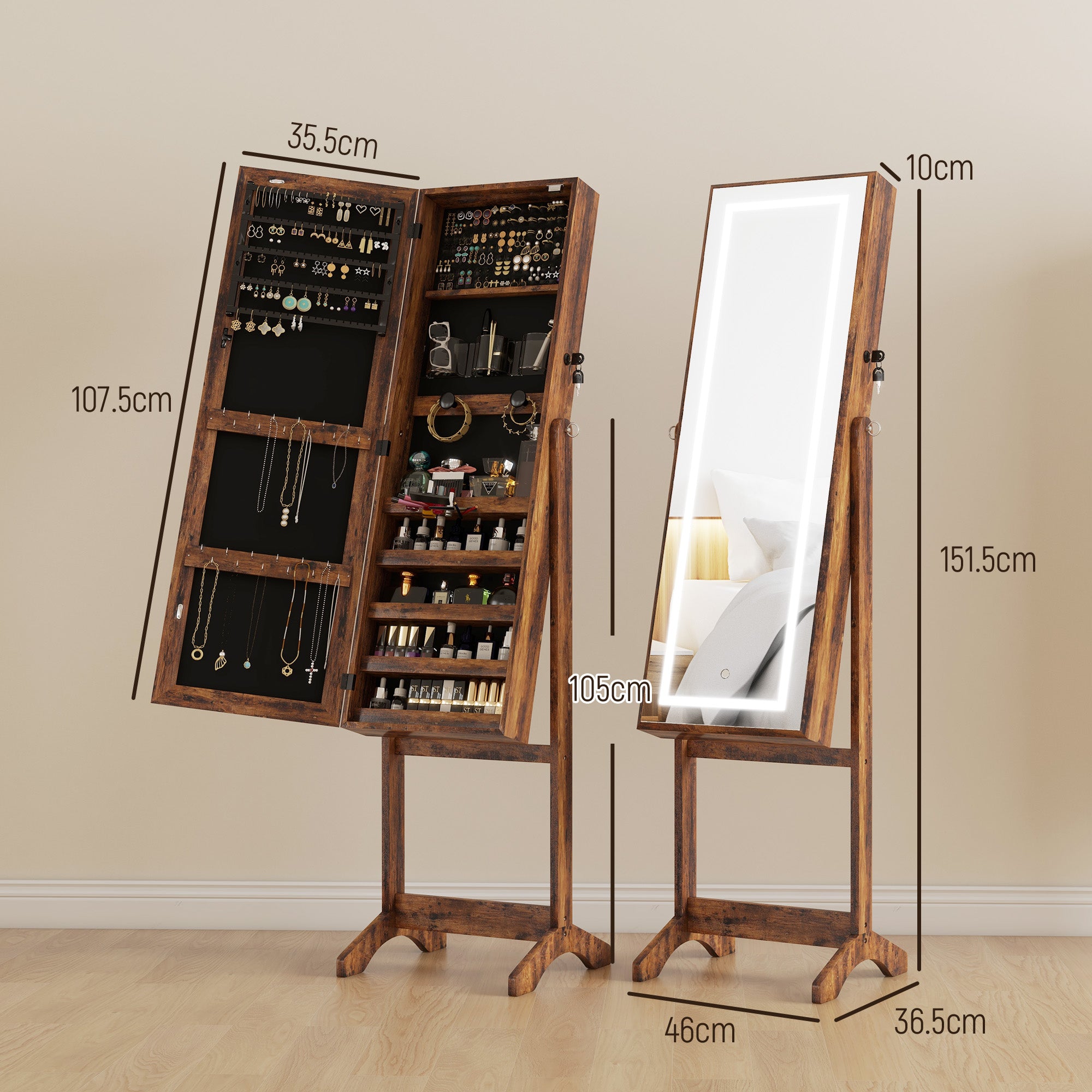 HOMCOM Jewellery Cabinet with LED Light, Lockable Jewellery Organiser with Full-Length Mirror for Bedroom Dressing Room, Rustic Brown - North Peak Garden Furniture