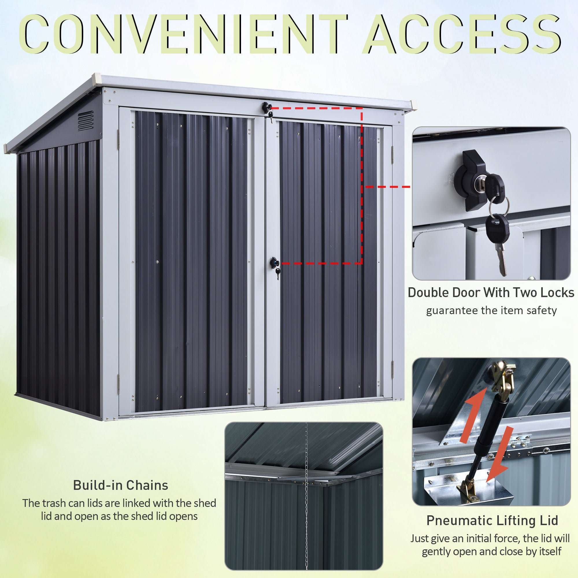 Outsunny 5ft x 3ft Garden 2-Bin Corrugated Steel Rubbish Storage Shed w/ Locking Doors Lid Outdoor Hygienic Dustbin Unit Garbage Trash Cover