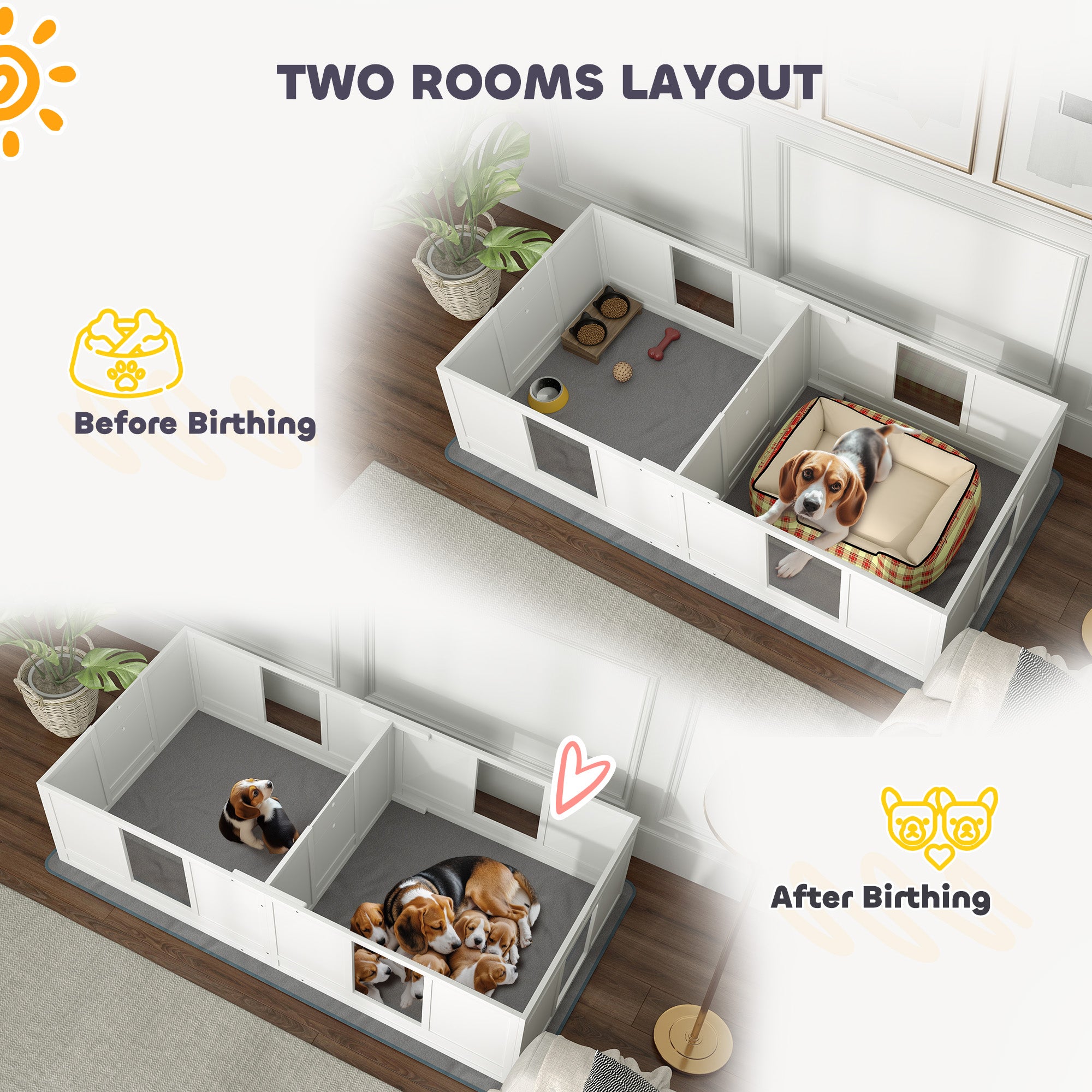 PawHut Two Room Design Whelping Box for Dogs with Whelping Pad, Clear Panels, Adjustable Entrance, for Medium Dogs, 196 x 96cm