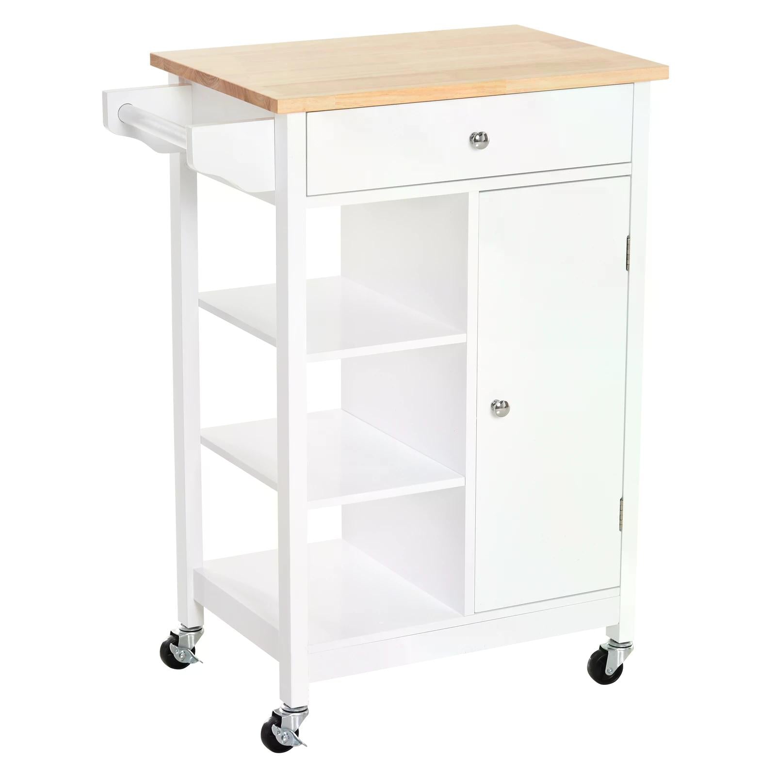 HOMCOM Kitchen Trolley, Kitchen Island on Wheels, w/ Wood Top, 3 Shelves and Storage Cupboard, White