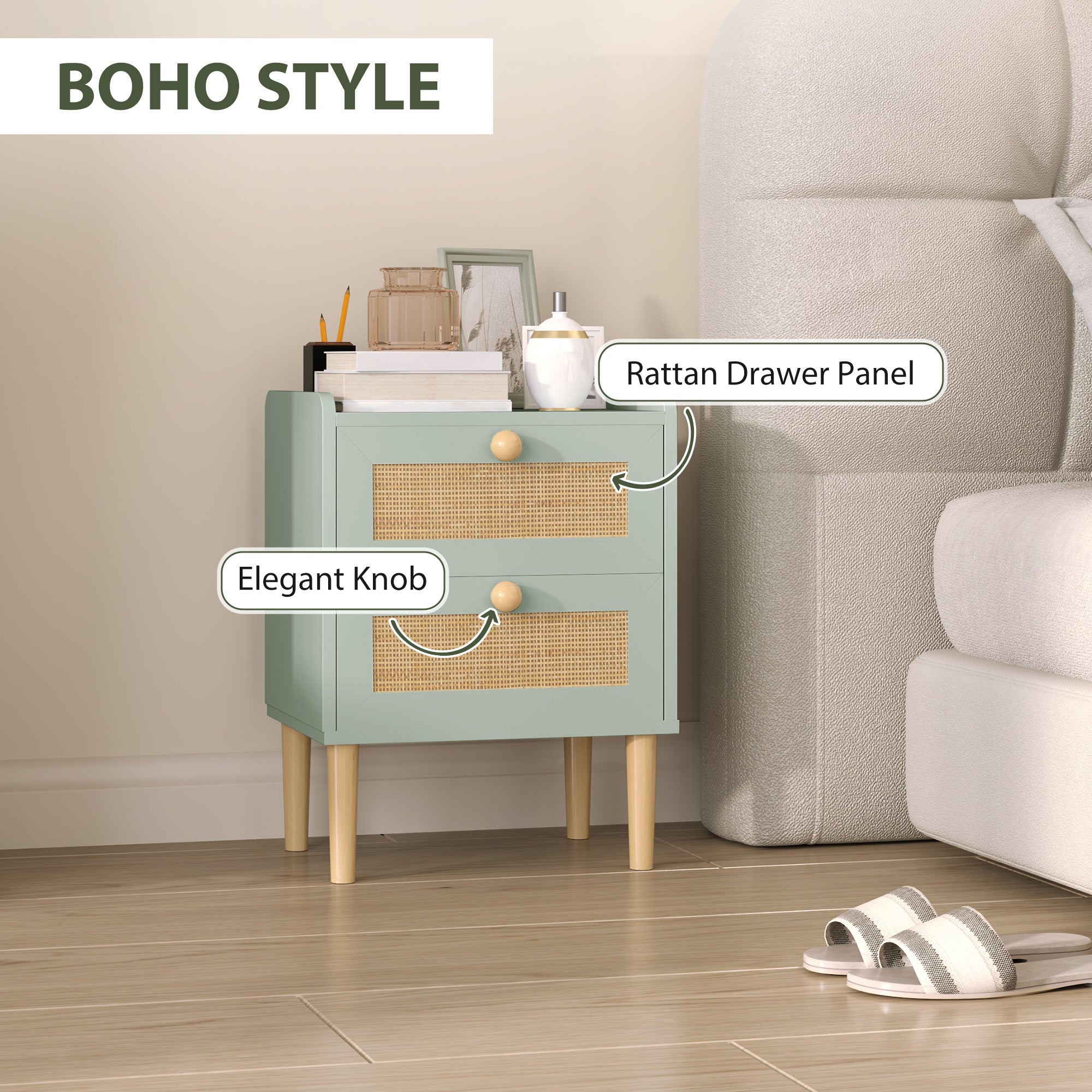 HOMCOM Bedroom Chest of Drawers, Boho Rattan Dresser with 2 Drawers, Storage Cabinet for Living Room, Hallway, Entryway, Olive Green - North Peak Garden Furniture
