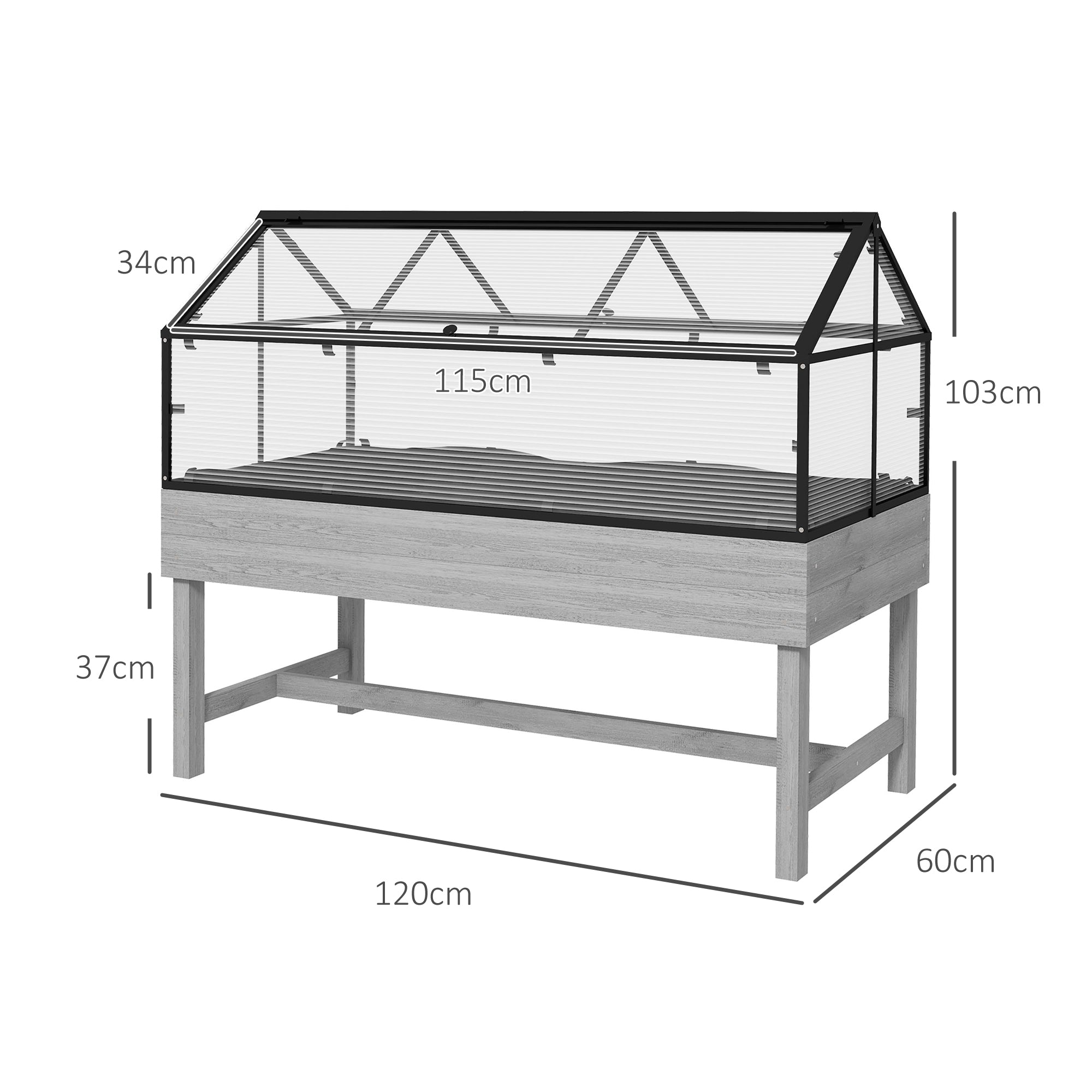 Outsunny Elevated Wood Planter with Mini Greenhouse Raised Garden Bed with PC Panel Top Vent 120 x 60 x 103cm Distressed Grey