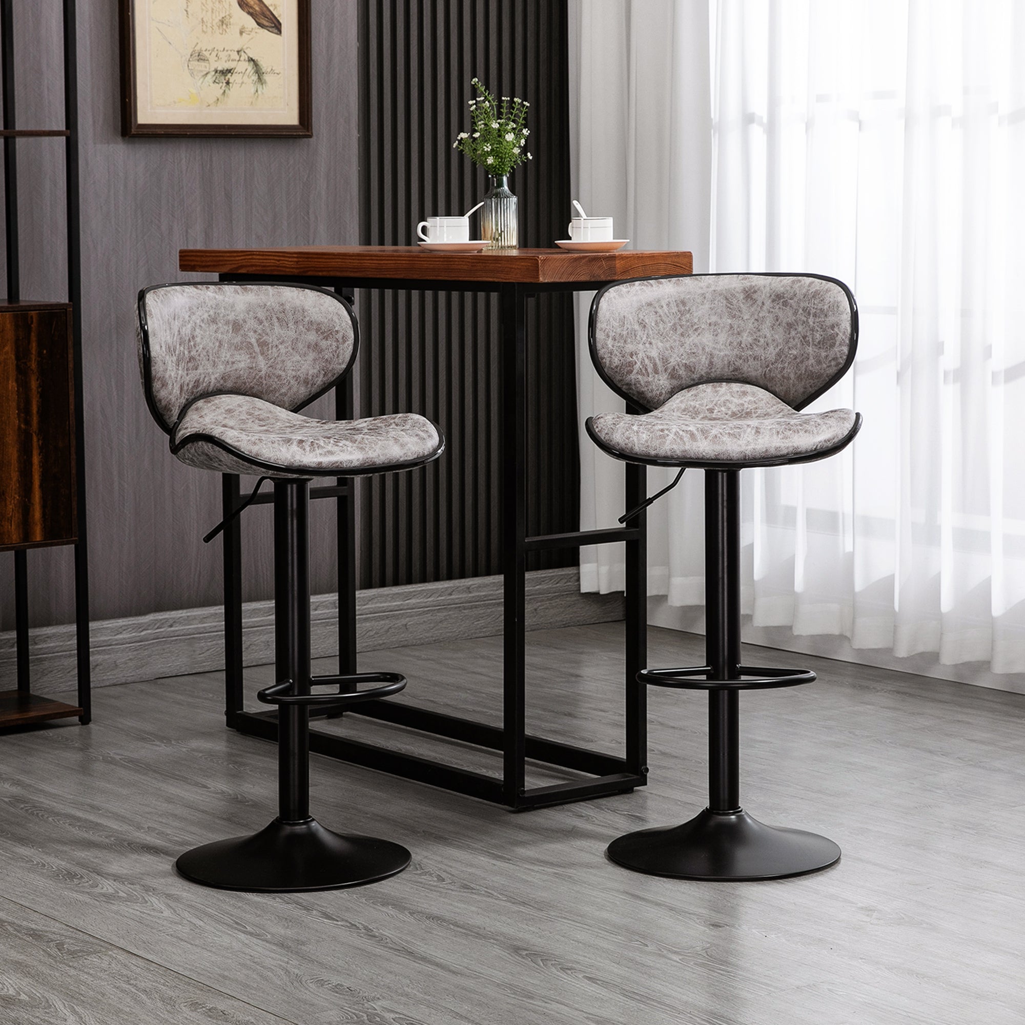 HOMCOM Bar Stool Set of 2 Microfiber Cloth Adjustable Height Armless Chairs with Swivel Seat, Grey - North Peak Garden Furniture