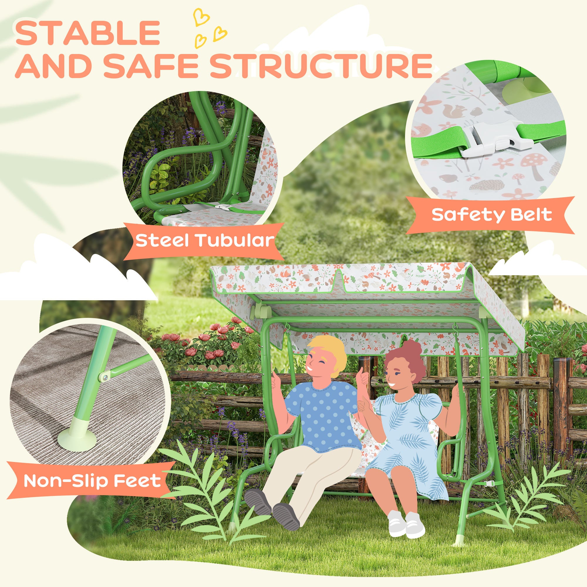AIYAPLAY Kids Garden Swing Chair with Adjustable Canopy, Safety Belt, 2 Seater Hammock Swing Bench for Patio, Porch, Green - North Peak Garden Furniture