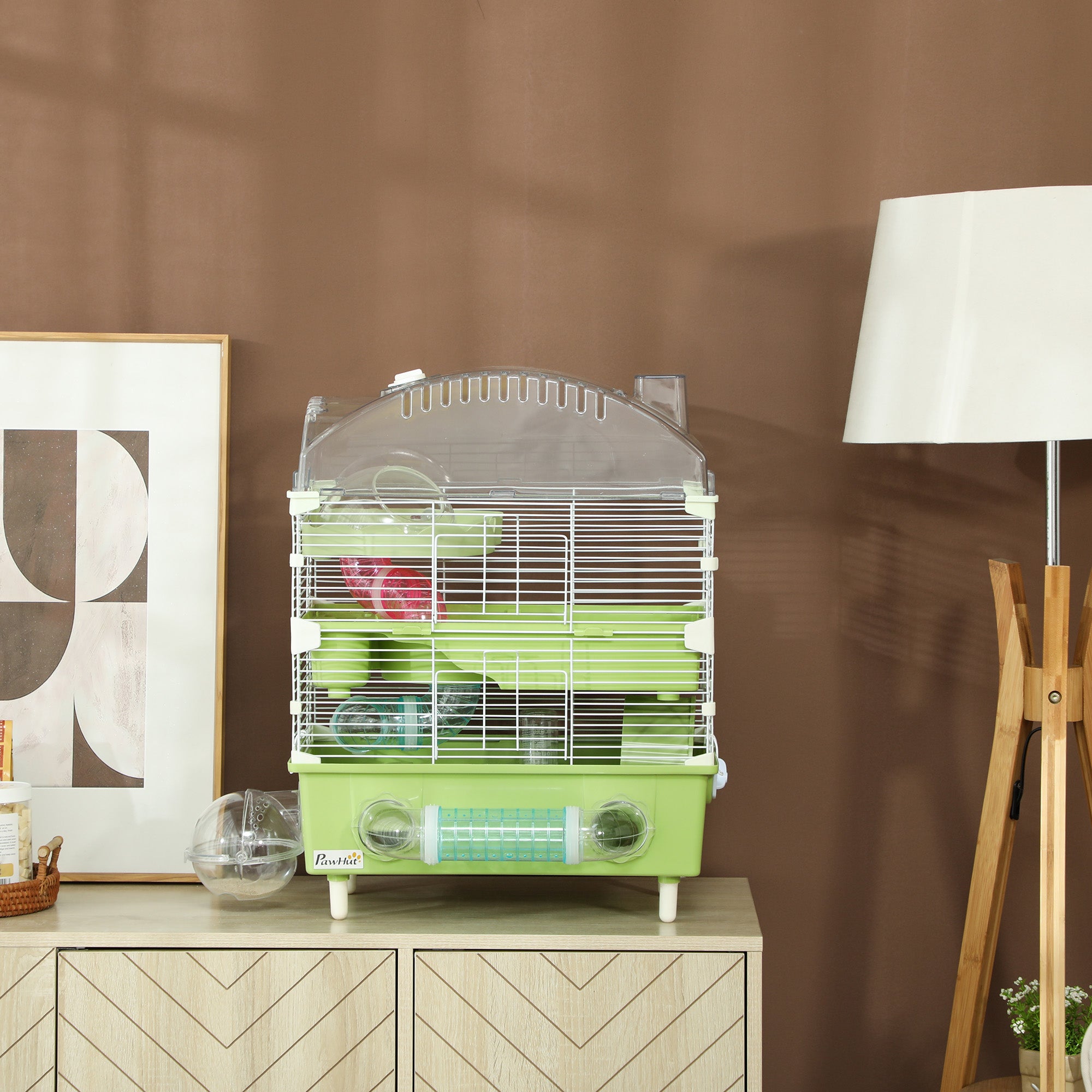 PawHut 3-Tier Hamster Cage with Transparent Top, Sand Bathroom, Exercise Wheel, Hideout Room, Tubes, 45 x 28 x 60 cm, Green - North Peak Garden Furniture