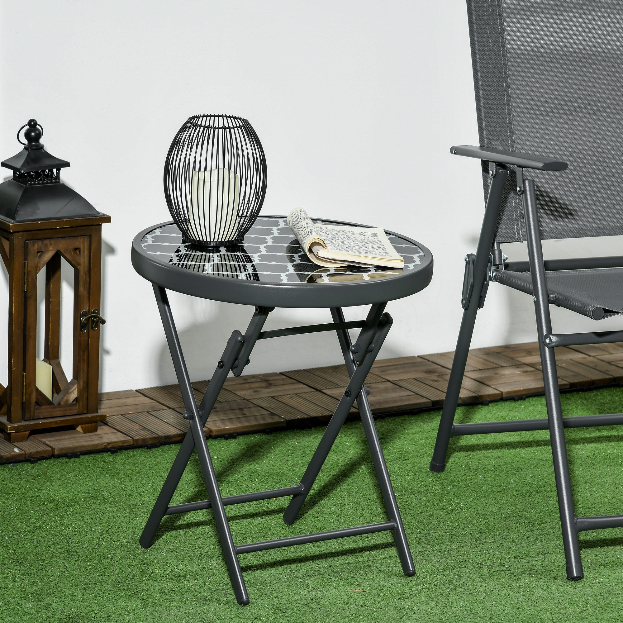 Outsunny Φ45cm Garden Side Table, Outdoor Round Folding Patio Table with Imitation Marble Glass Top, Small Coffee Table, Black and White - North Peak Garden Furniture