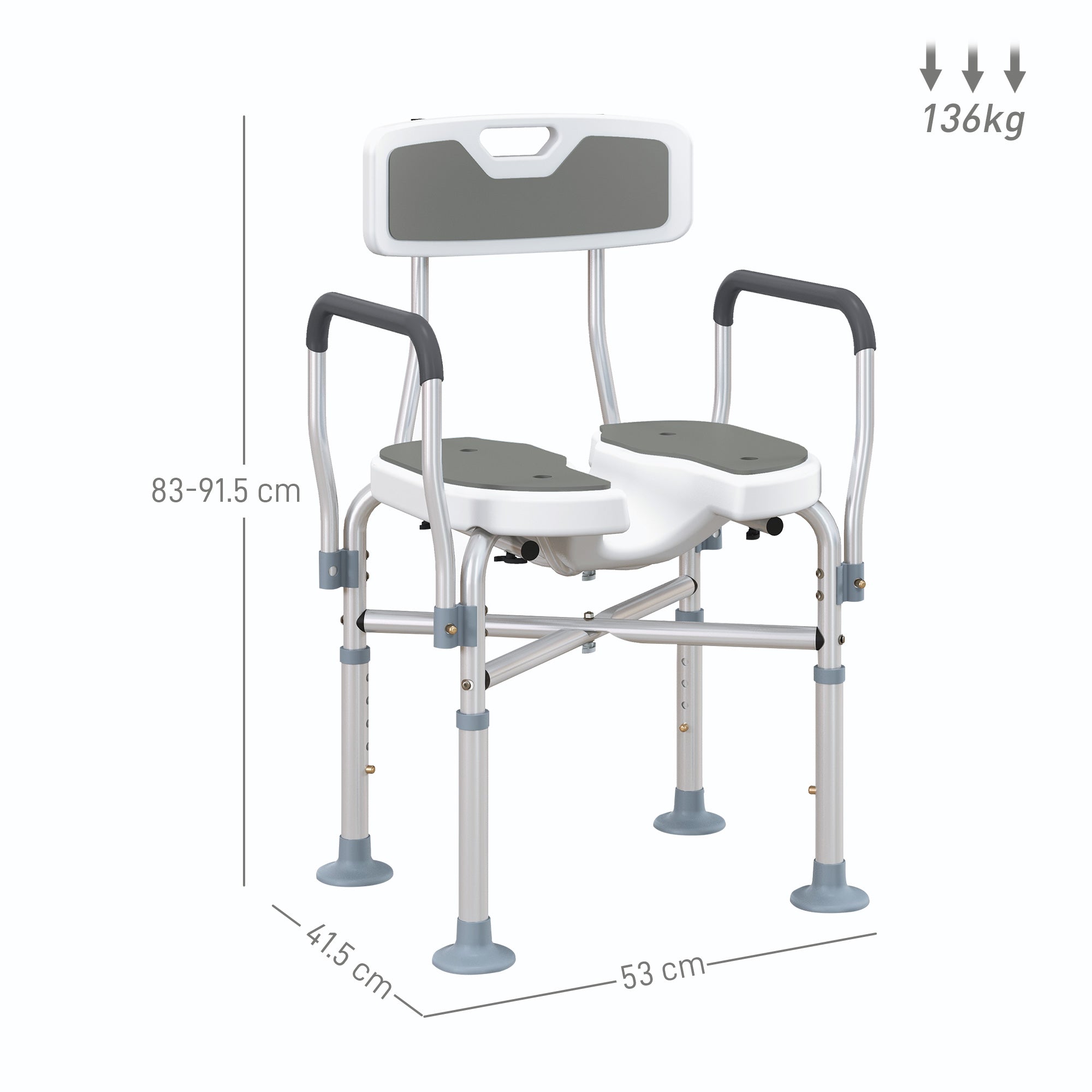 HOMCOM Shower Chair with Upgraded U-shaped Seat and Reinforced Crossbars, Height Adjustable Padded Bath Chair with Non-slip Feet for Elderly Seniors Disabled Handicap, Tool-Free Assembly, Grey - North Peak Garden Furniture