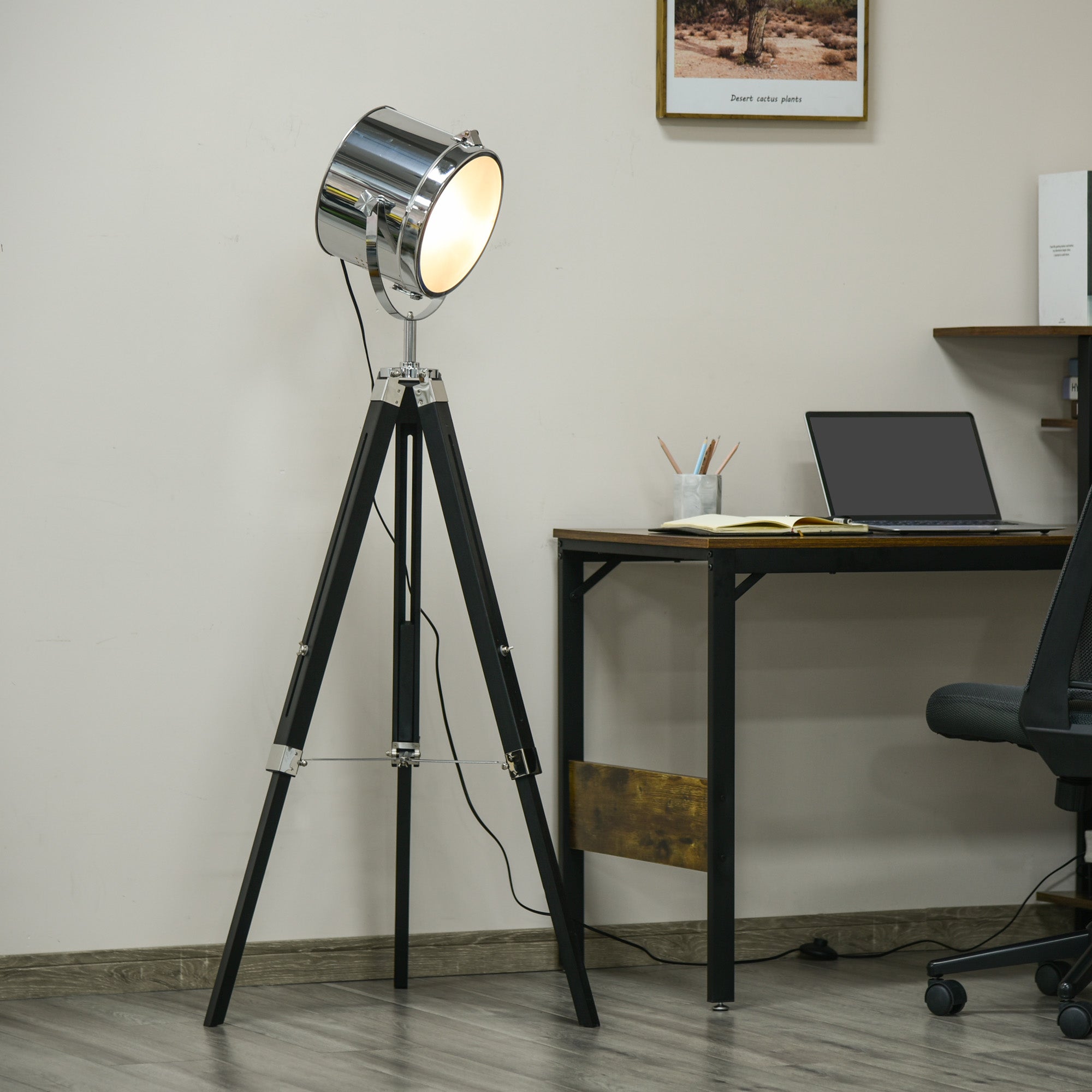 HOMCOM Industrial Style Adjustable Tripod Floor Lamp, Searchlight Lamp with Wooden Legs and Steel Lampshade, 110-155cm, Black - North Peak Garden Furniture