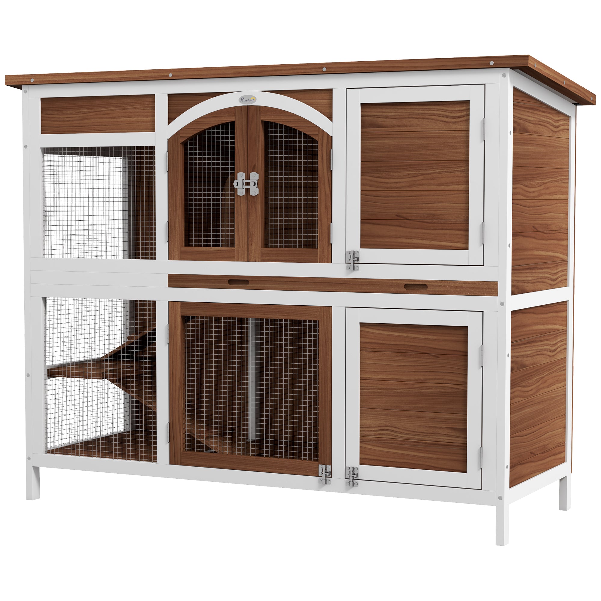 PawHut Two-Tier Wooden Pet Hutch with Openable Roof, Slide-Out Tray | Aosom UK