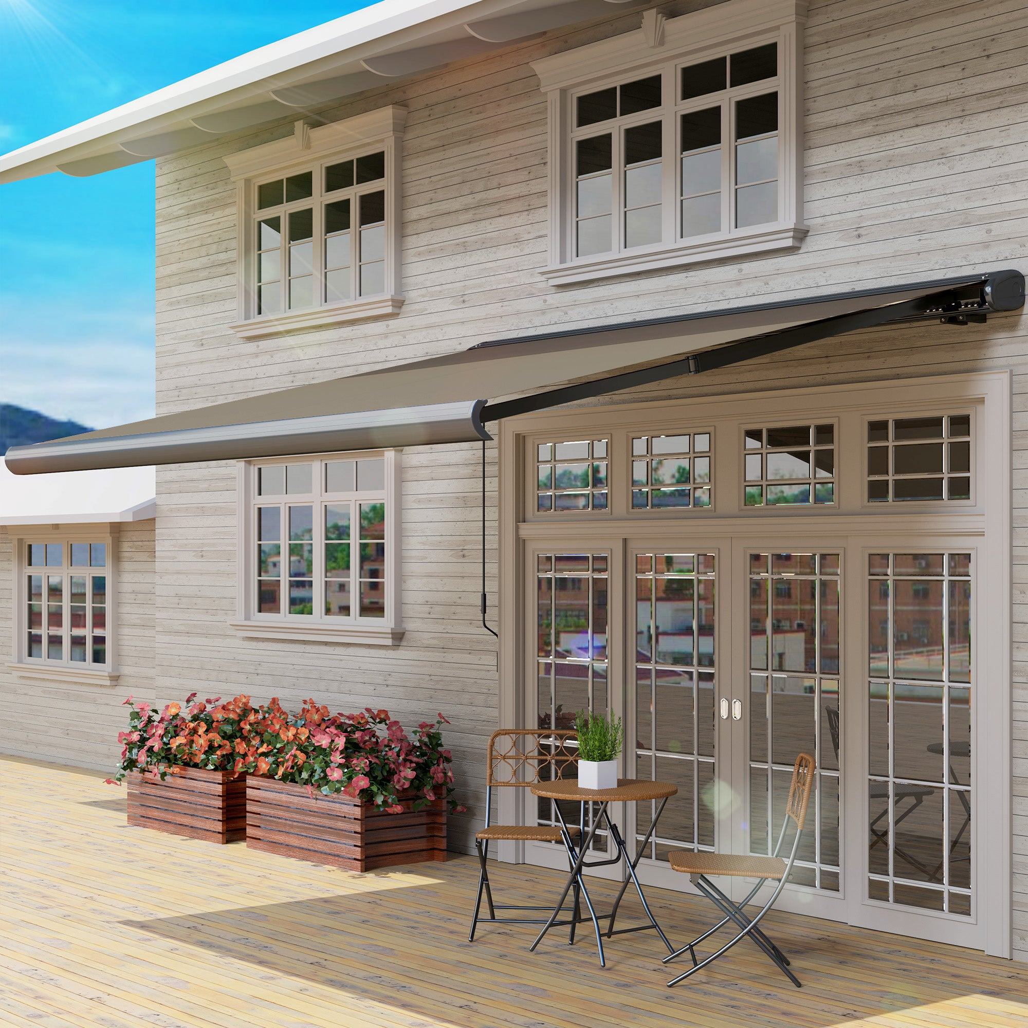 Outsunny 3.5 x 3 m Electric Awning with Remote Controller, Aluminium Frame DIY Retractable Awning, UV50+ Sun Shade Canopy for Garden Patio Deck Door Window, Light Grey - North Peak Garden Furniture