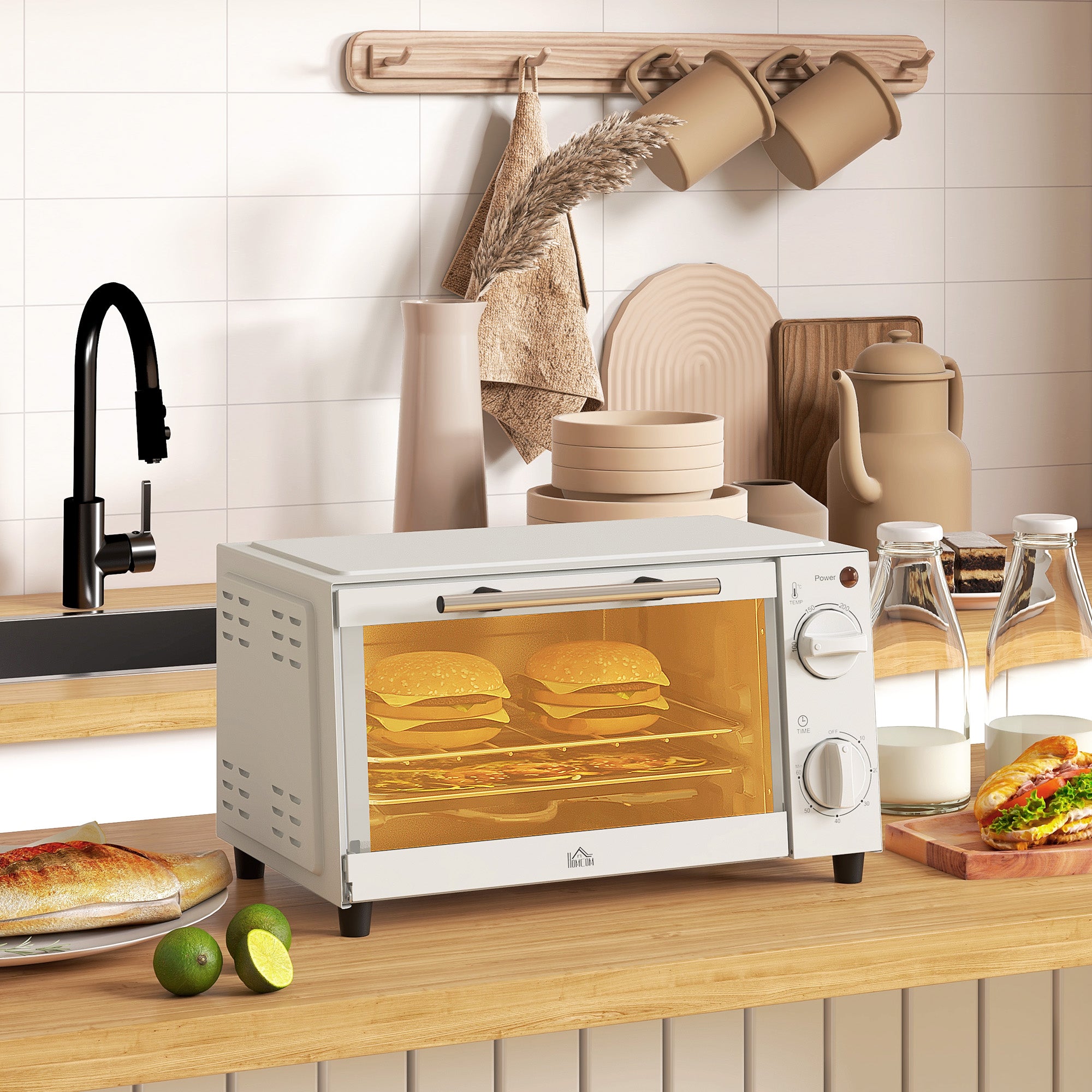 HOMCOM Mini Oven, 9L Countertop Electric Grill, Toaster Oven with Adjustable Temperature, Timer, Dishwasher Safe Baking Tray and Wire Rack, 750W, Cream - North Peak Garden Furniture