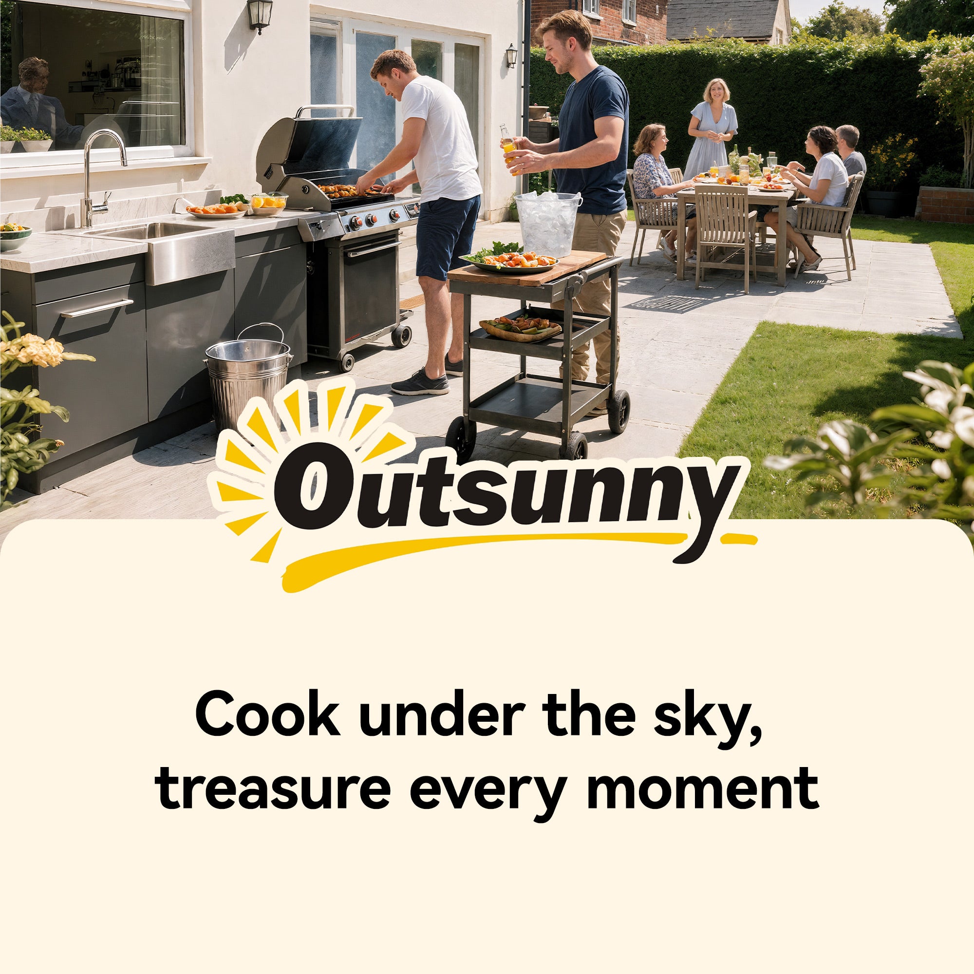 Outsunny Grill Cart with Stainless Steel Top, Pizza Oven Stand with Cabinet, Spice Rack, Towel Holder, Bottle Opener, Brown