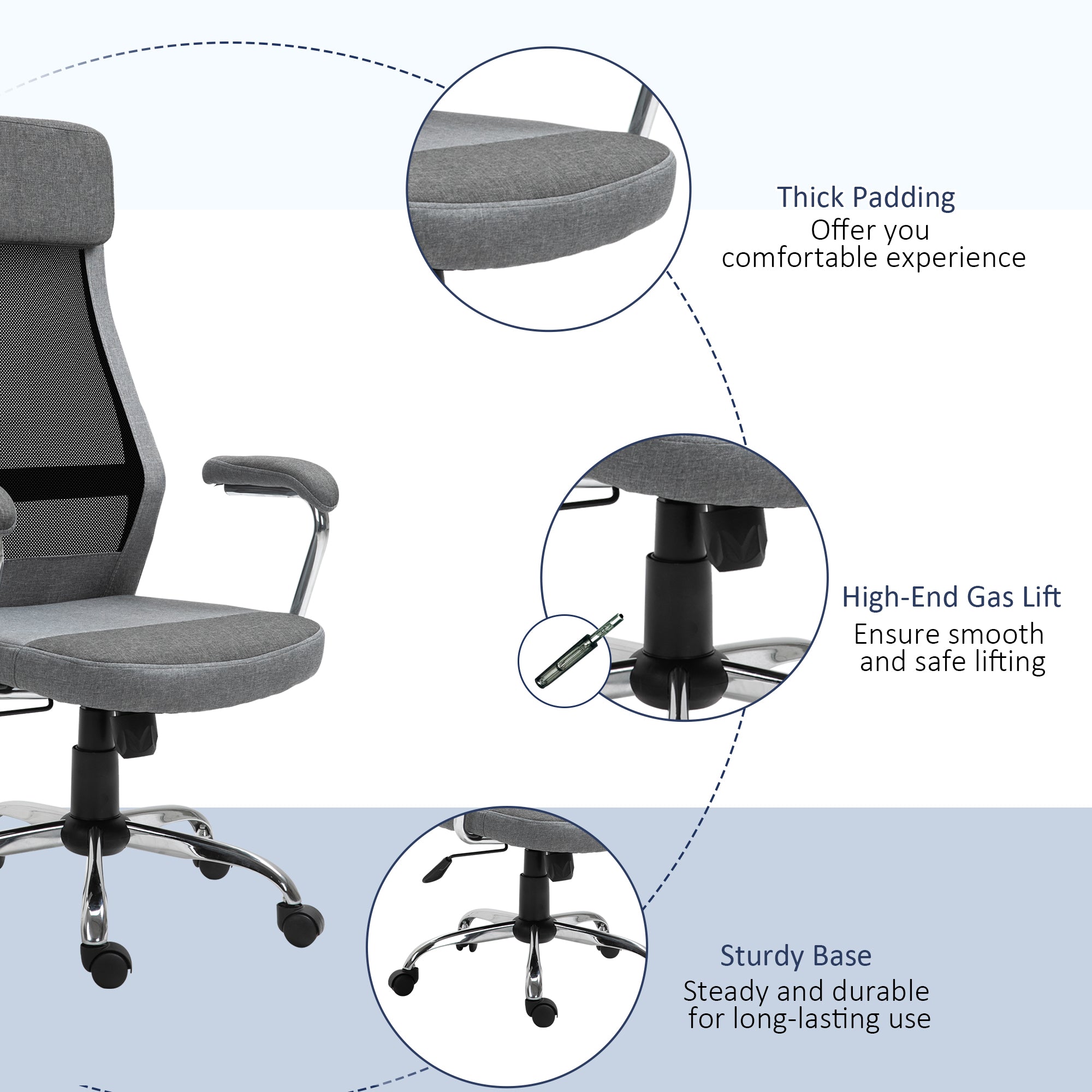 Vinsetto Office Chair, Ergonomic Desk Chair, High Back Computer Chair with Adjustable Height, Swivel Rolling Wheels, Mesh Back and Linen-Feel Fabric Seat for Home and Study, Grey - North Peak Garden Furniture