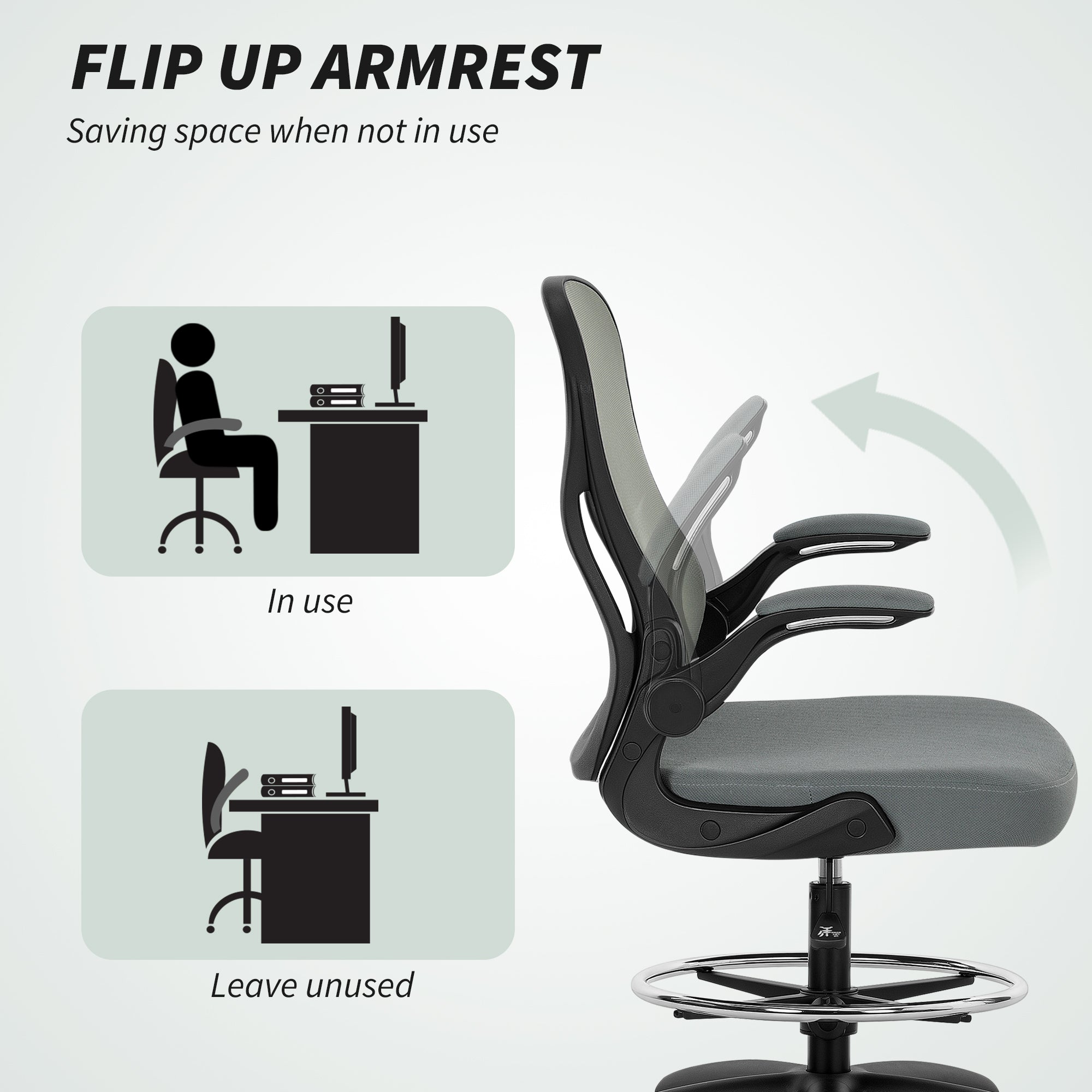 Vinsetto Draughtsman Chair with Flip-up Armrests, Mesh Standing Desk Chair with Lumbar Support and Adjustable Foot Ring for Bar Counter, Charcoal Grey