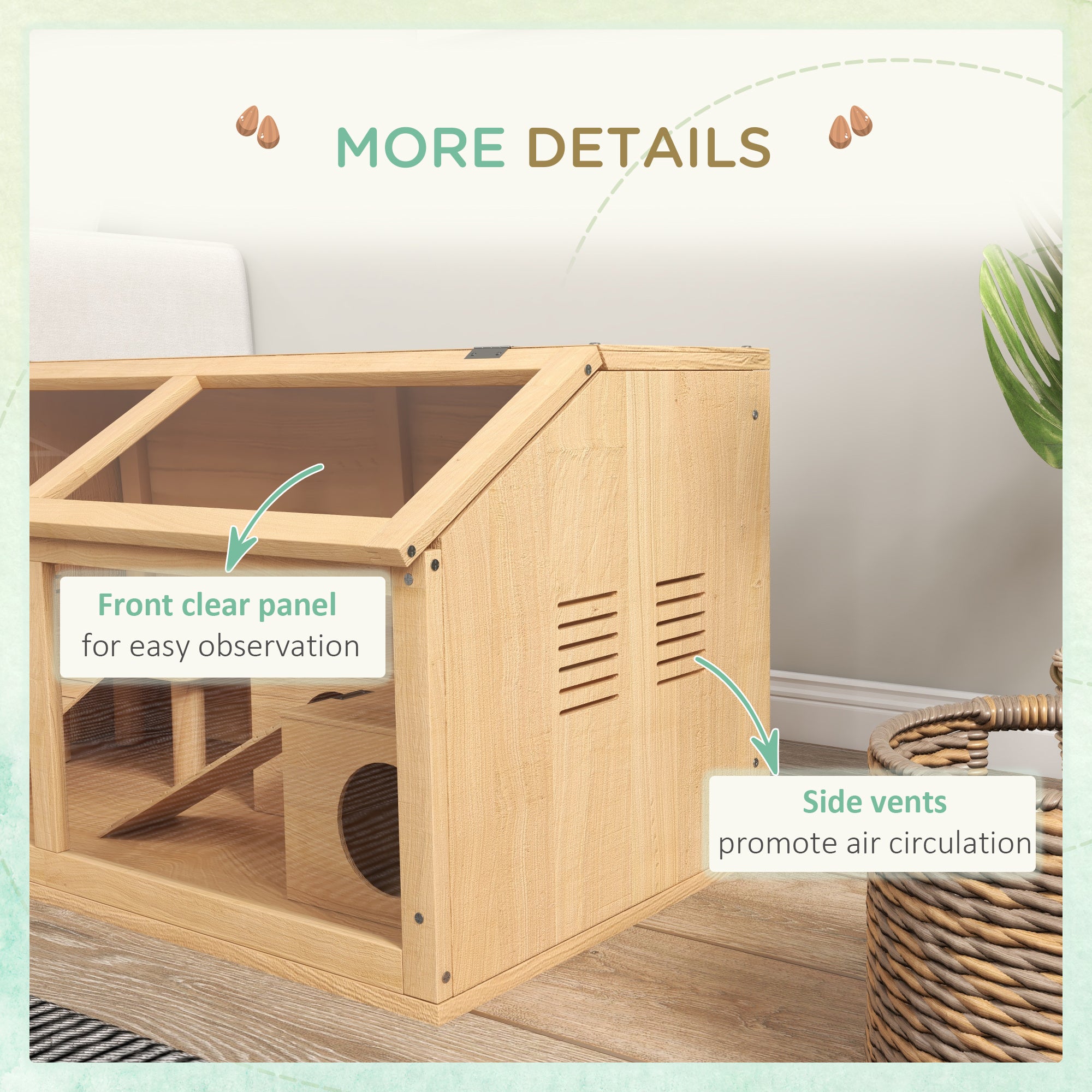 PawHut Hamster Cage, Wooden Small Animal Cage for Gerbils, Mice w/ Suspension Bridge, Openable Top, Hut, 85 x 45 x 44cm Nature