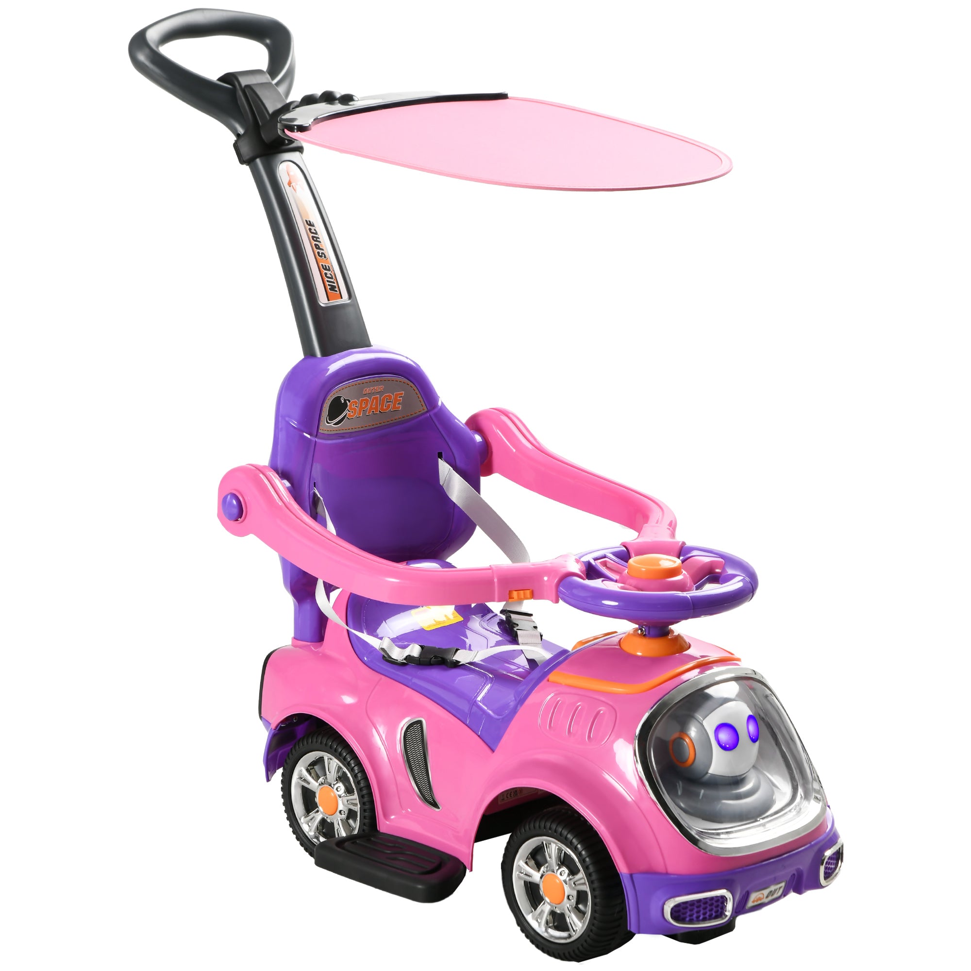 AIYAPLAY 3 in 1 Ride on Push Car, Cartoon Robot Theme Foot to Floor Slider w/ Handle Light Music Horn, Storage - Pink - North Peak Garden Furniture