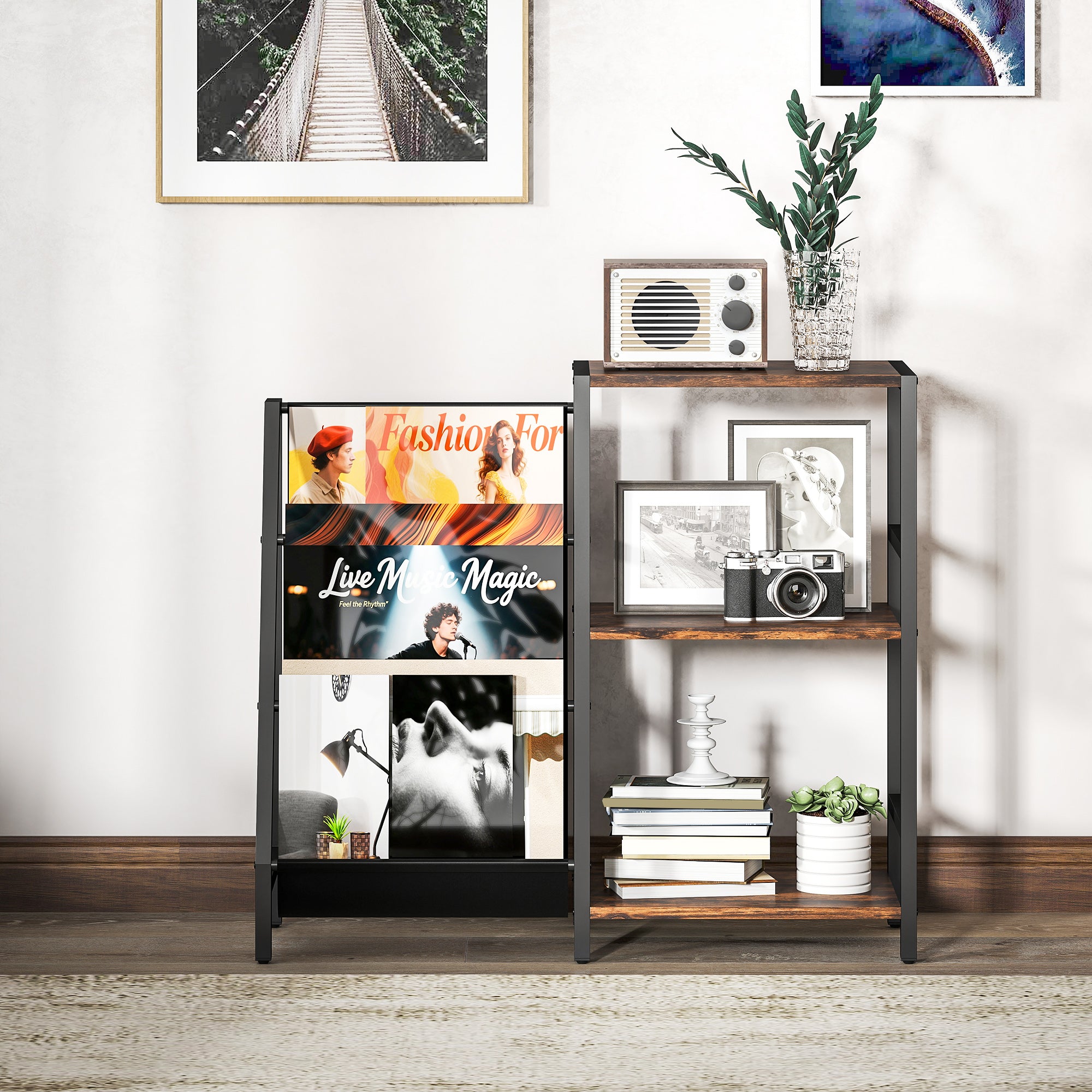 HOMCOM 3-Tier Record Player Stand, End Table for Living Room, Bedroom - Rustic Brown - North Peak Garden Furniture