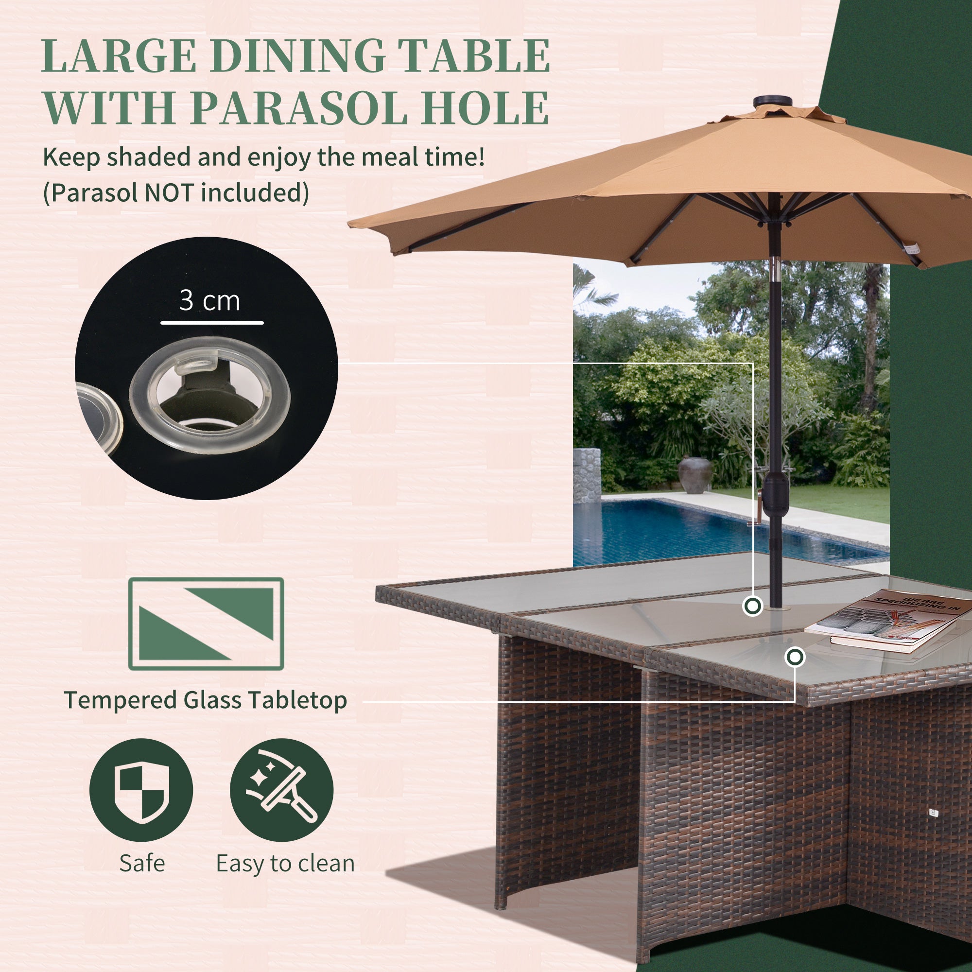 Outsunny 10 Seater Rattan Cube Garden Furniture Set with Parasol Hole, Rattan Dining Set with Cushions, Outdoor Dining Table and Chairs with Rectangular Glass Top Table for Patio, Mixed Brown