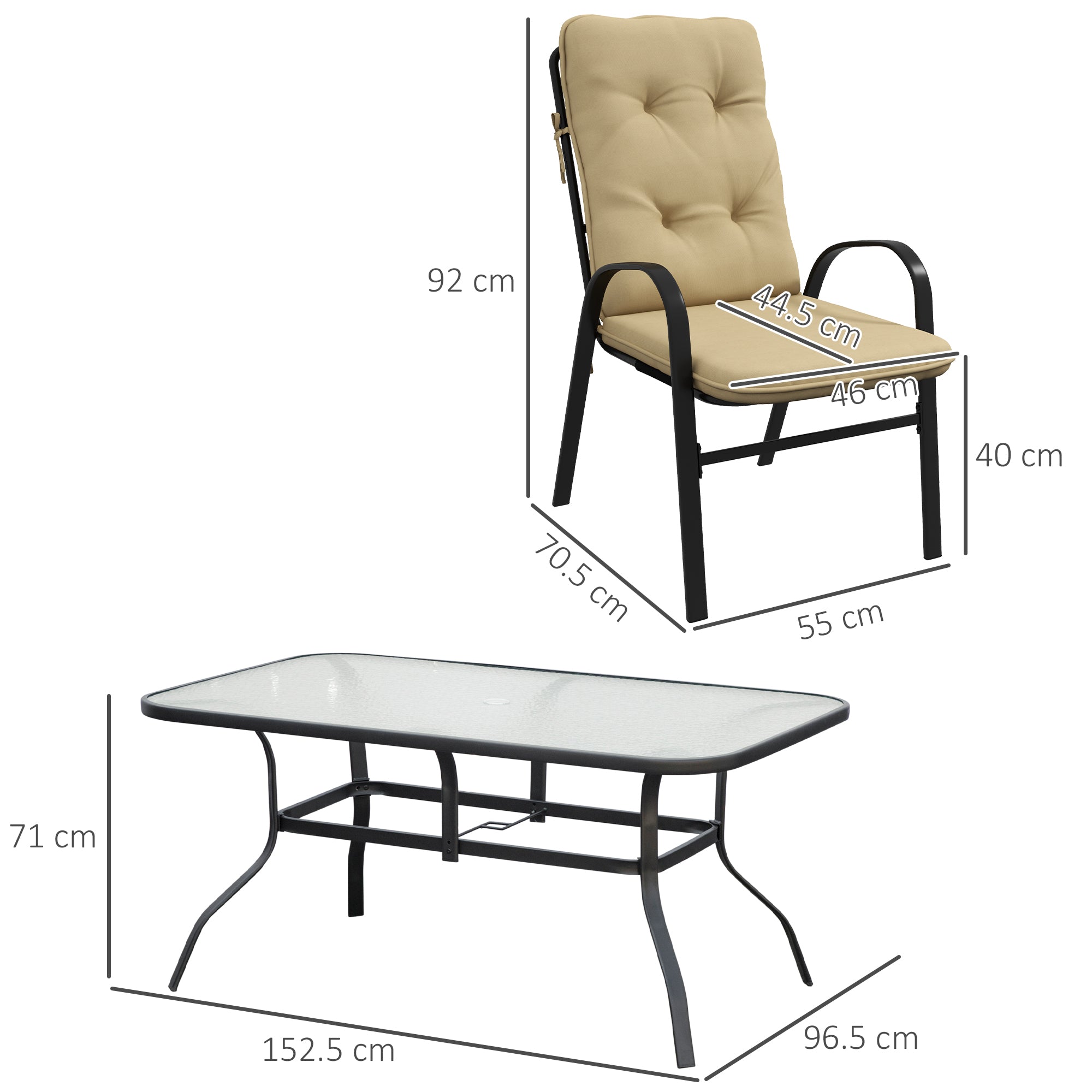 Outsunny 7 Piece Garden Dining Set, Outdoor Dining Table and 6 Cushioned Armchairs, Tempered Glass Top Table w/ Umbrella Hole, Texteline Seats, Beige - North Peak Garden Furniture