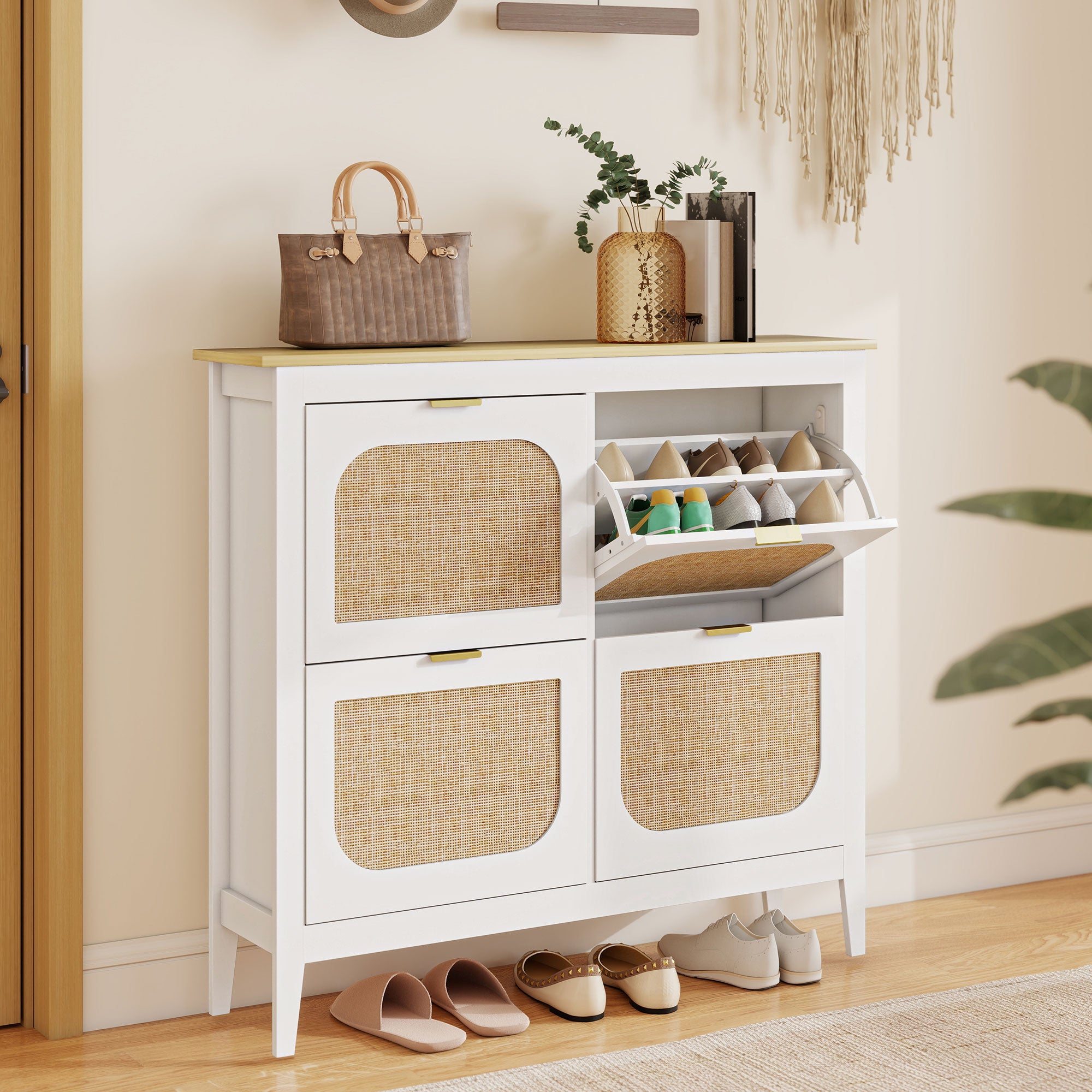 HOMCOM Narrow Shoe Cabinet, Boho Slim Shoe Storage Cabinet with 4 Flip Drawers, Holds 20 Pairs, White