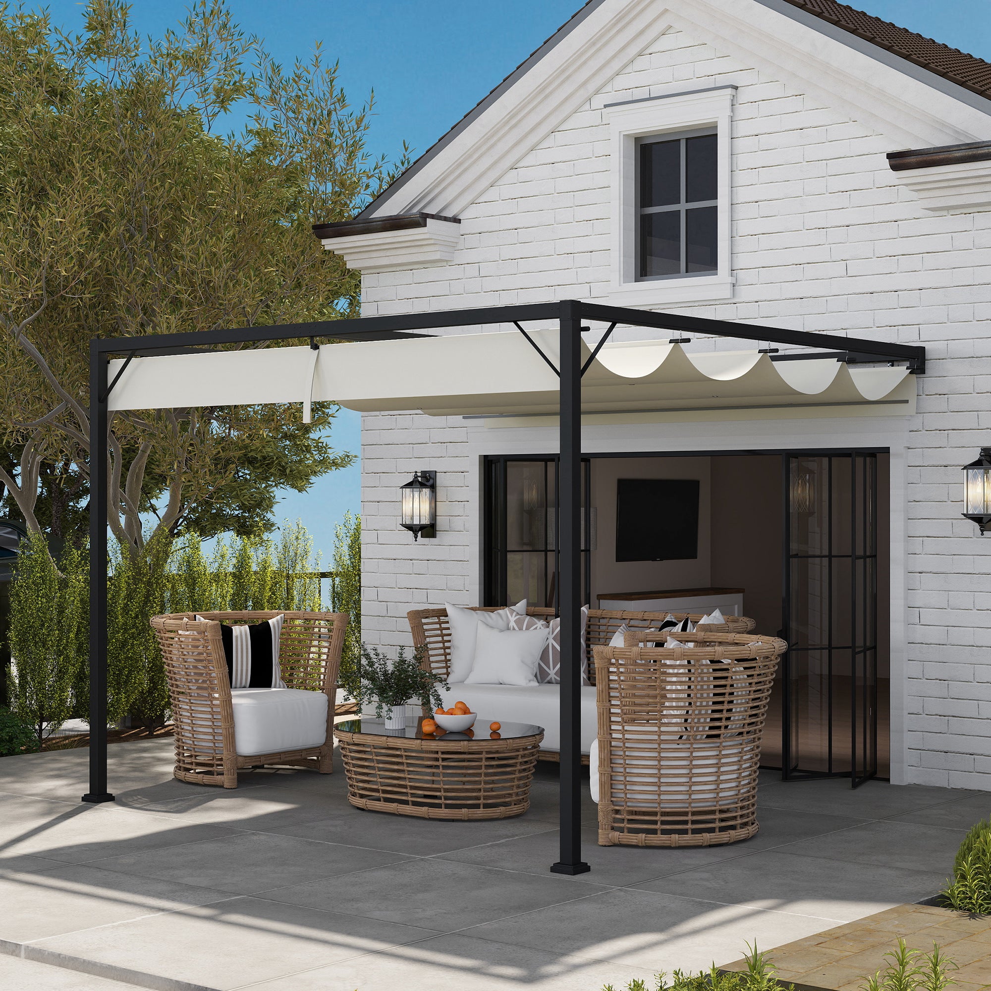 Outsunny 3 x 3(m) Outdoor Pergola with Retractable Canopy -Cream White - North Peak Garden Furniture