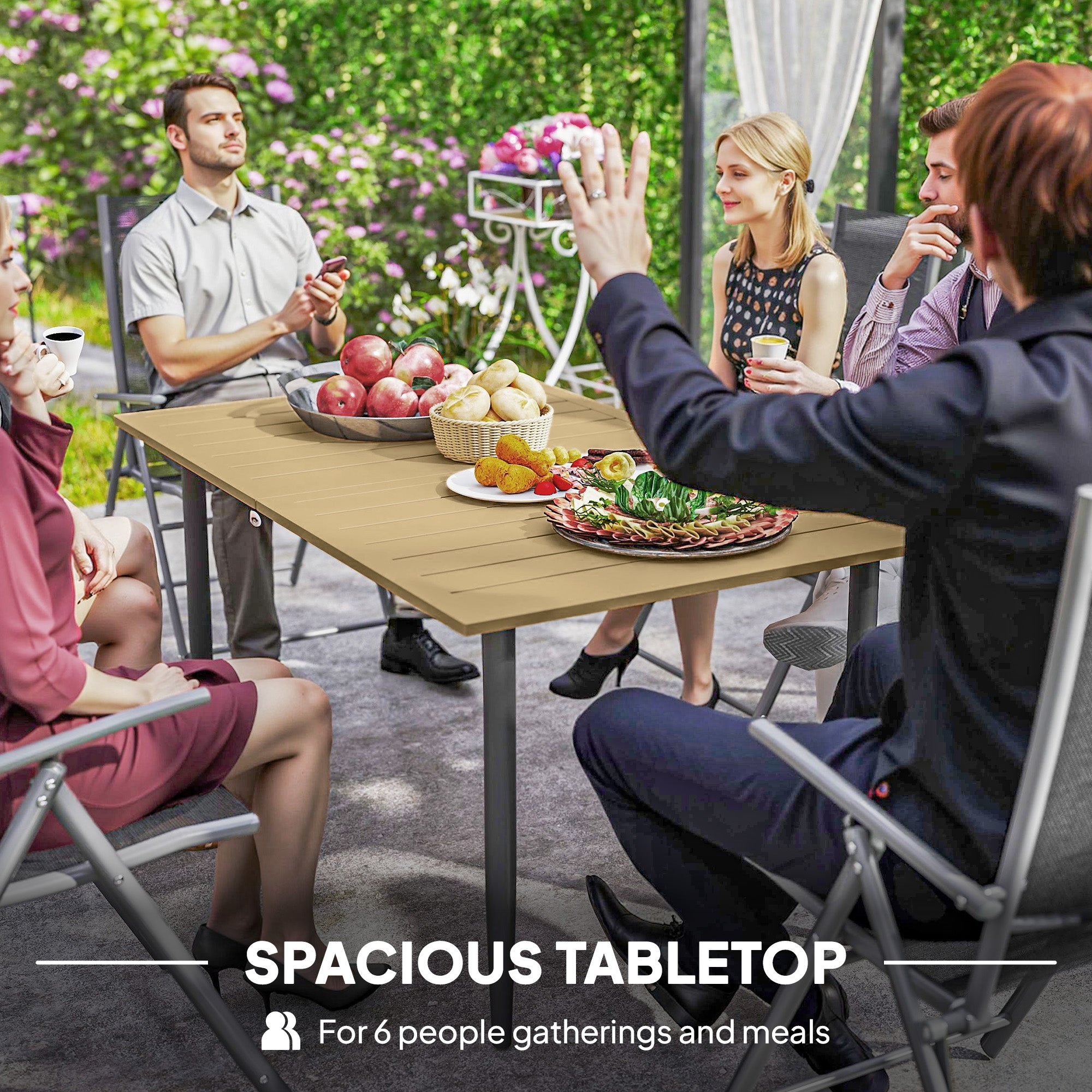 Outsunny Garden Dining Table for 6 Person, Rectangle Outdoor Coffee Table with 5 cm Parasol Hole, Slatted Tabletop and Steel Frame for Patio Balcony, Brown - North Peak Garden Furniture