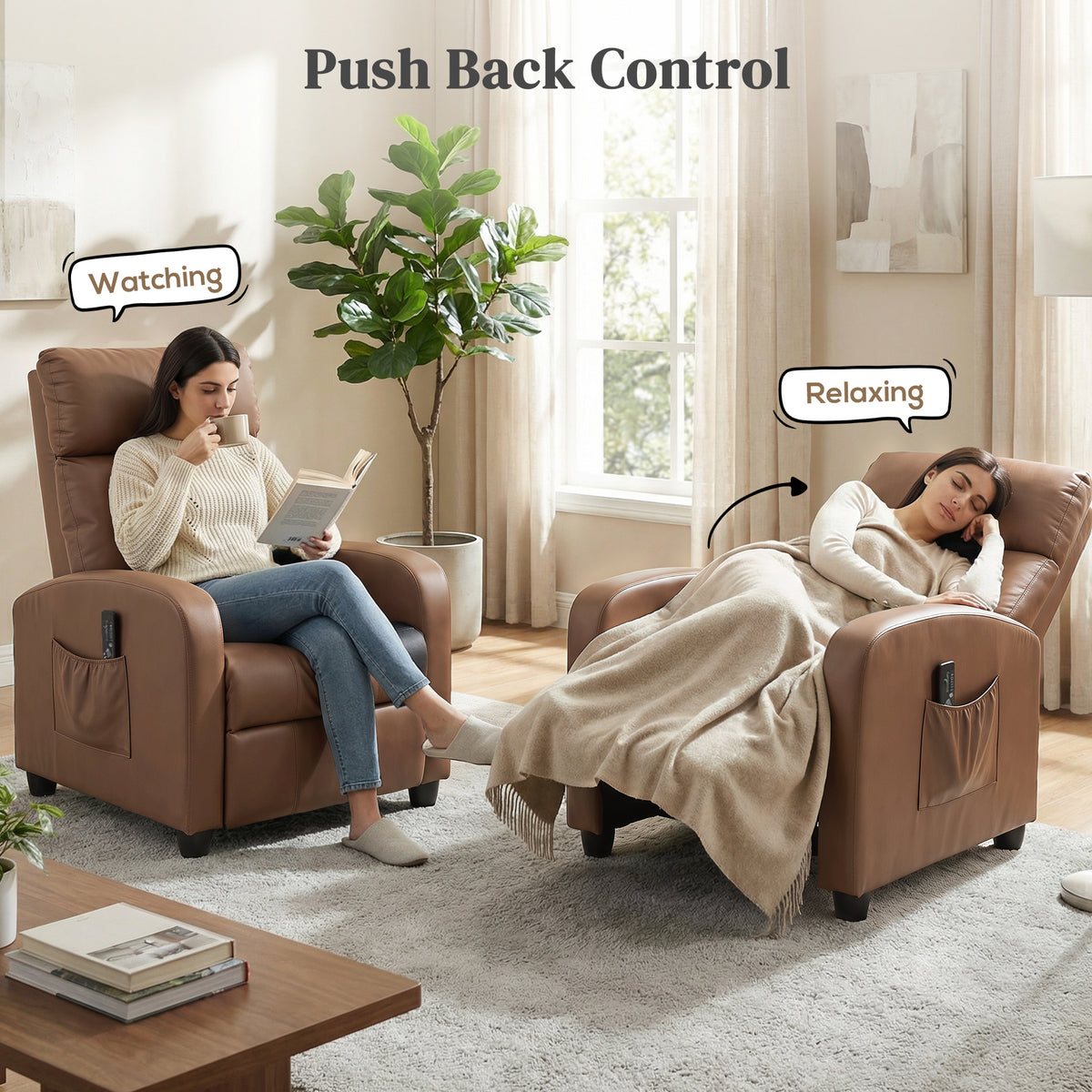 HOMCOM Recliner Armchair, Massage Faux Leather Push Back Reclining Chair with Adjustable Leg Rest, Side Pocket, Dark Brown