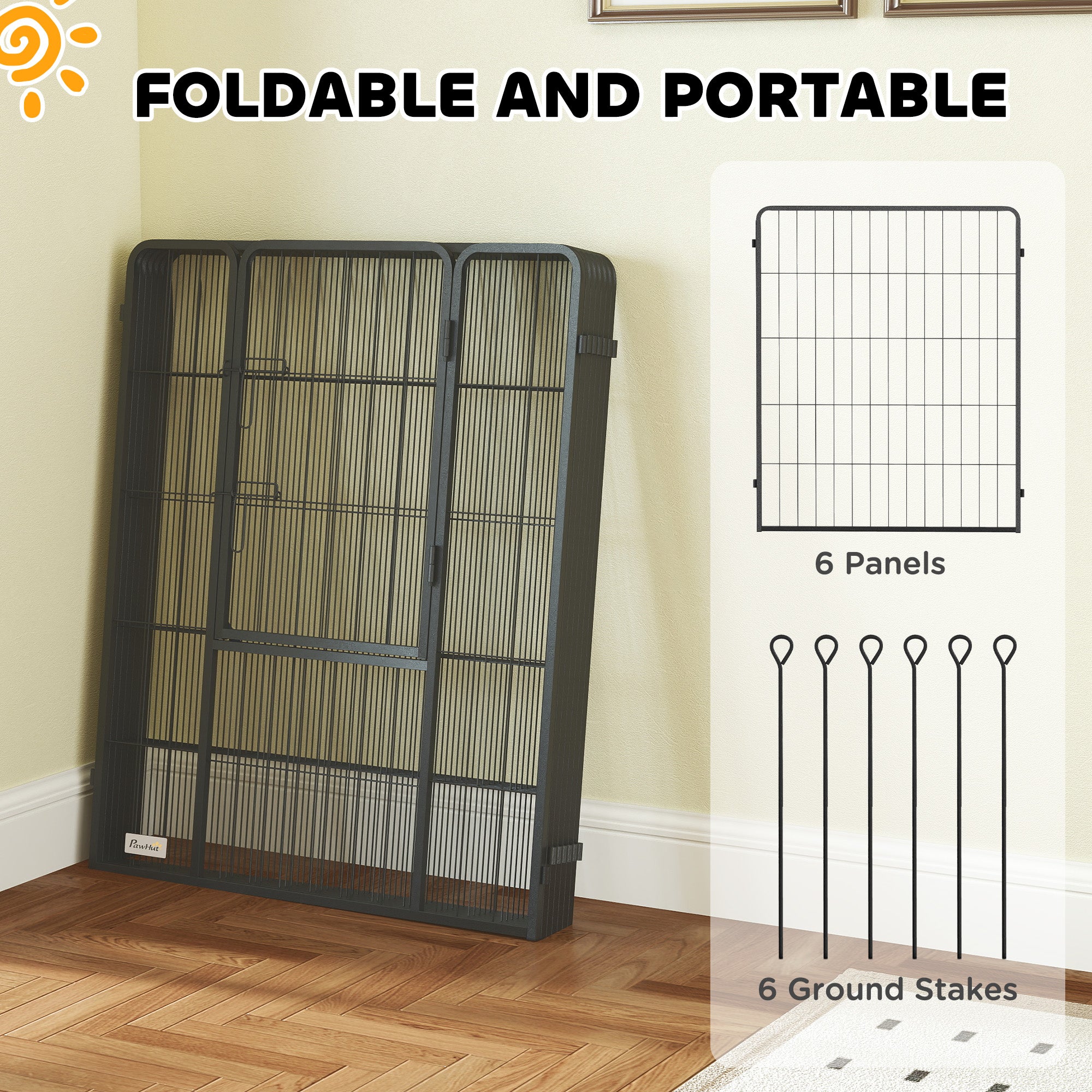 PawHut 6 Panels Dog Playpen, Portable Detachable Puppy Pen with Door, for Large Dogs, 100cm High, Black - North Peak Garden Furniture