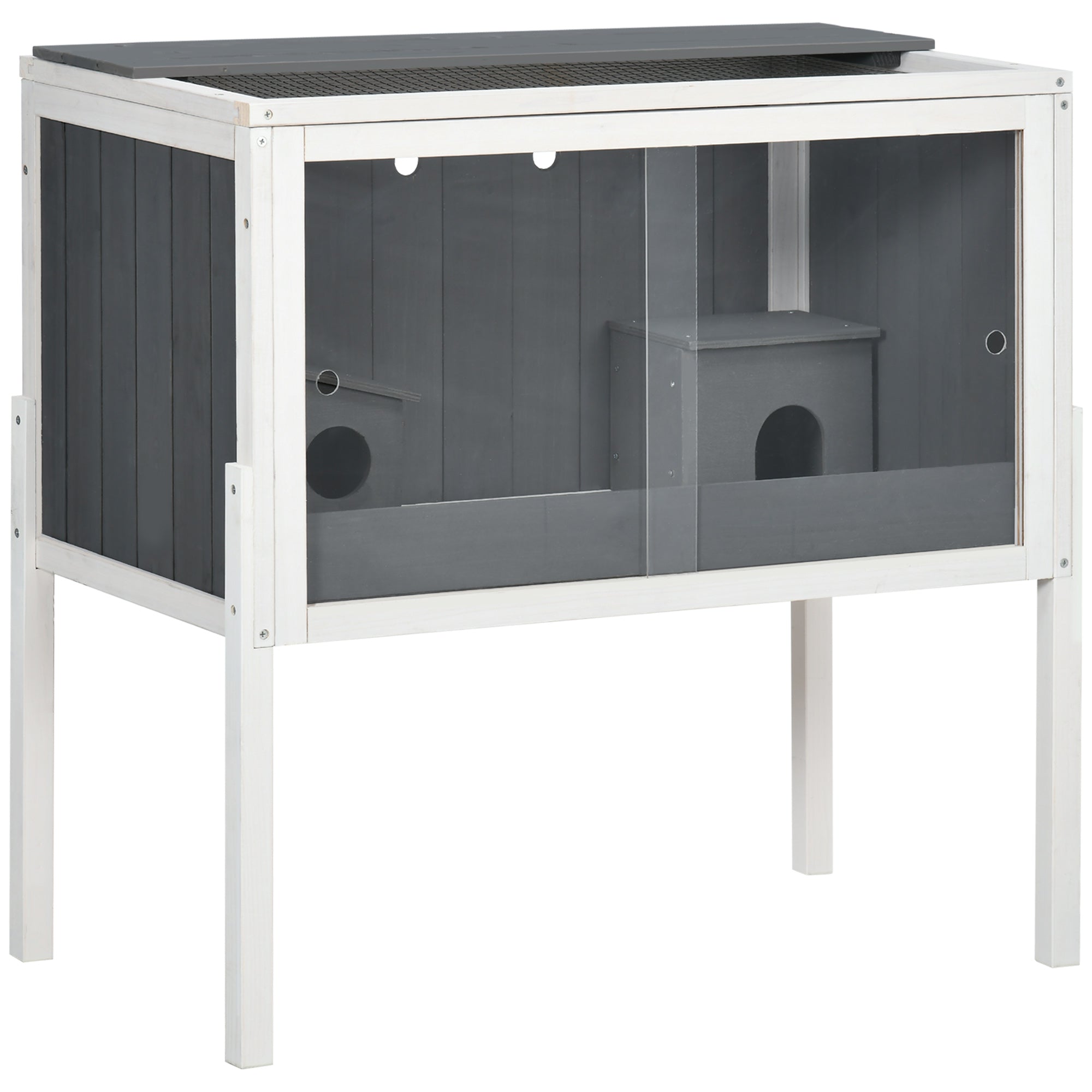 PawHut Wooden Hamster Cage for Dwarf Hamsters, Gerbils, Rutin Chicken, with Shelf, Two Huts - Grey - North Peak Garden Furniture