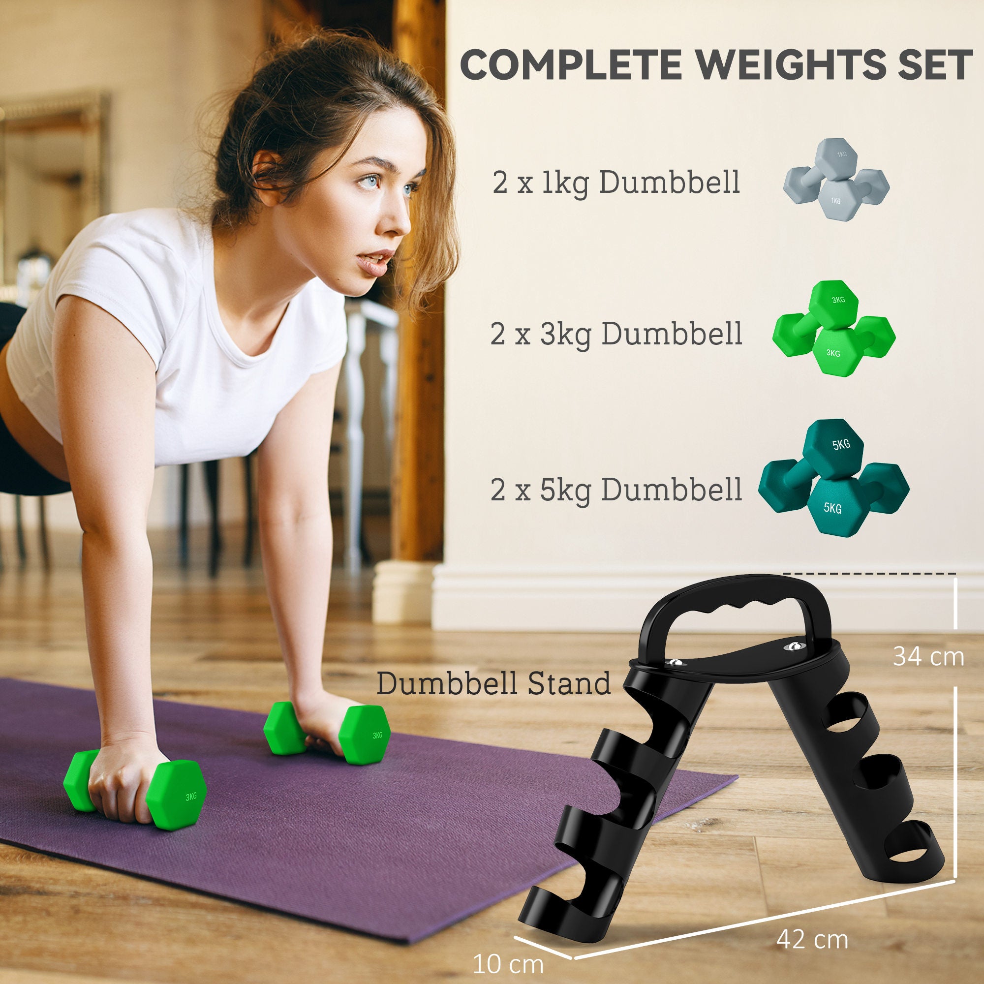 SPORTNOW Dumbbells Set with Carry Storage Rack, Set of 6 Weights for Home Gym Kettlebell Training Weight Lifting Exercise, 2 x 1kg, 2 x 3kg, 2 x 5kg - North Peak Garden Furniture