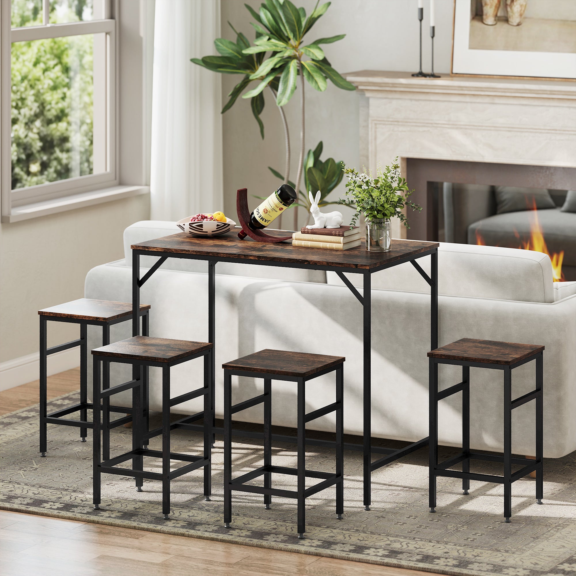 HOMCOM Industrial Rectangular Bar Table Set with 4 Stools for Dining Room, Kitchen, Dinette
