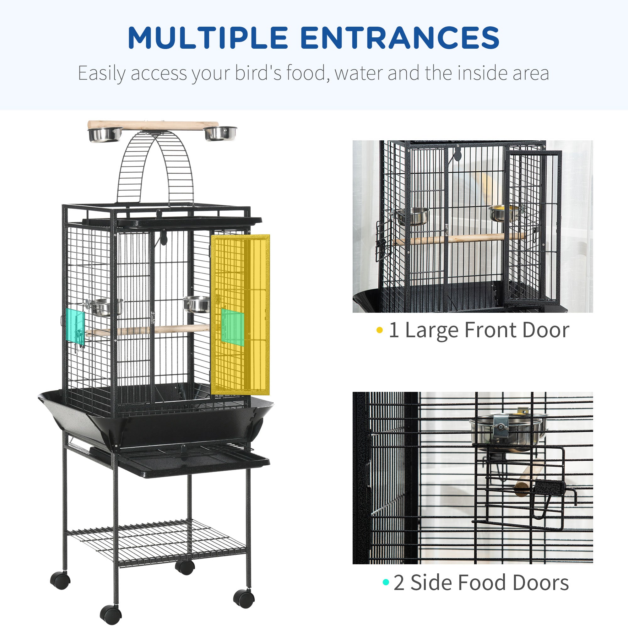 PawHut 156cm Bird Cage,Large Parrot Cage with Open Play Top, Perch, Seed Guard, Wheels, Storage Shelf, Dark Grey