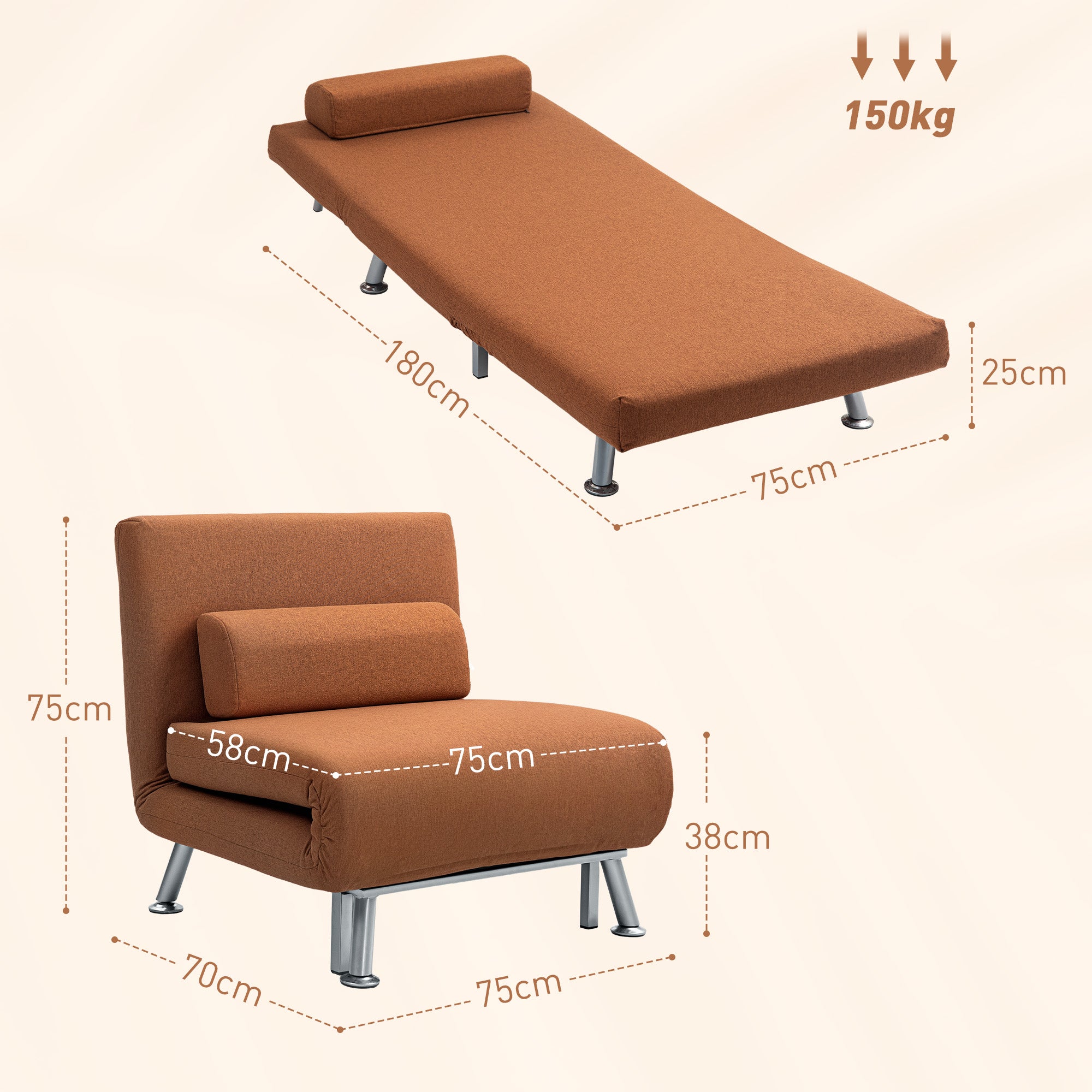 HOMCOM Single Linen-Feel Sleeper Chair - Coffee - North Peak Garden Furniture