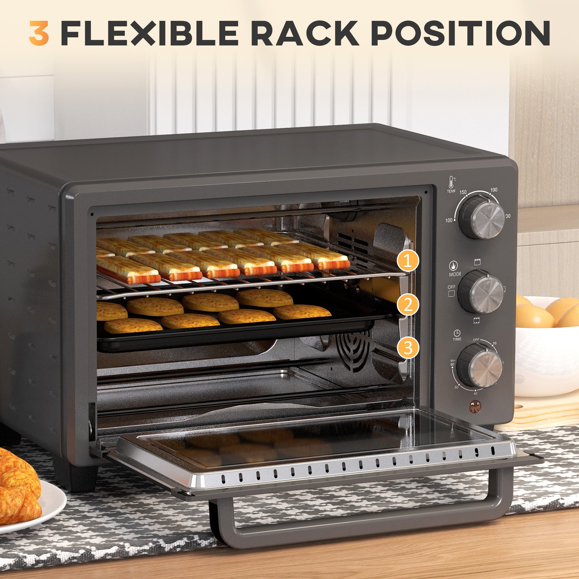 HOMCOM Mini Oven, 21L Countertop Electric Grill, Toaster Oven with Adjustable Temperature, Timer, Baking Tray and Wire Rack, 1400W, Grey - North Peak Garden Furniture