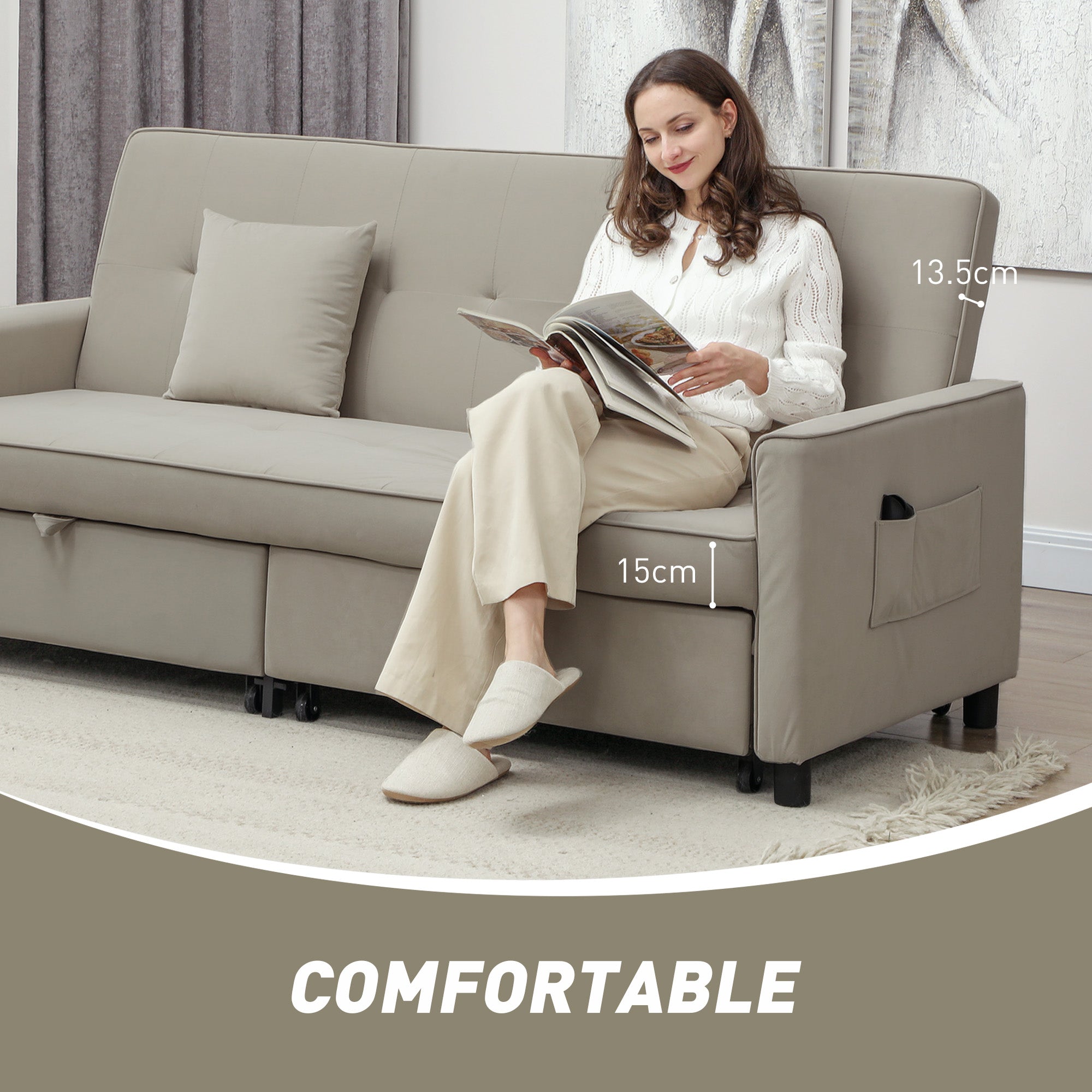 HOMCOM Three-Person Velvet-Feel Sofa Bed - Beige - North Peak Garden Furniture
