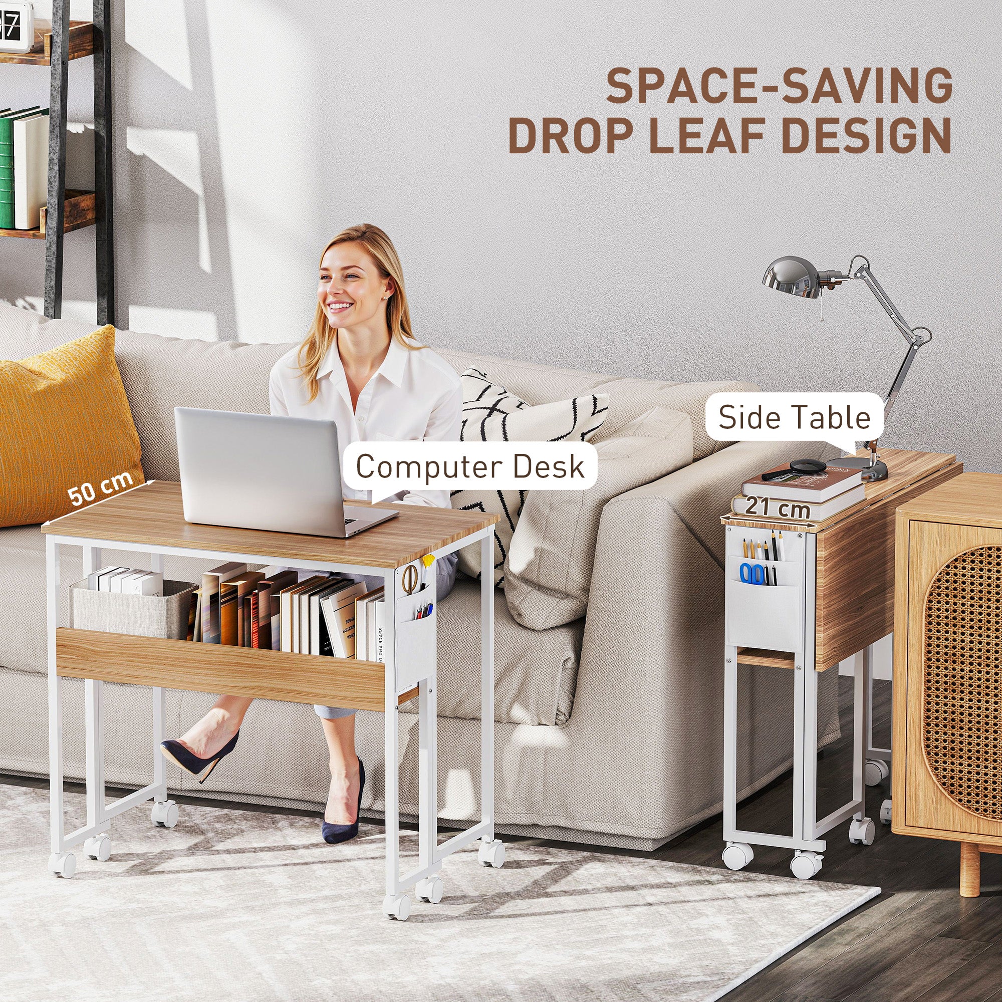 HOMCOM 80 cm Drop Leaf Writing Work Desk - Natural Wood Finish - North Peak Garden Furniture