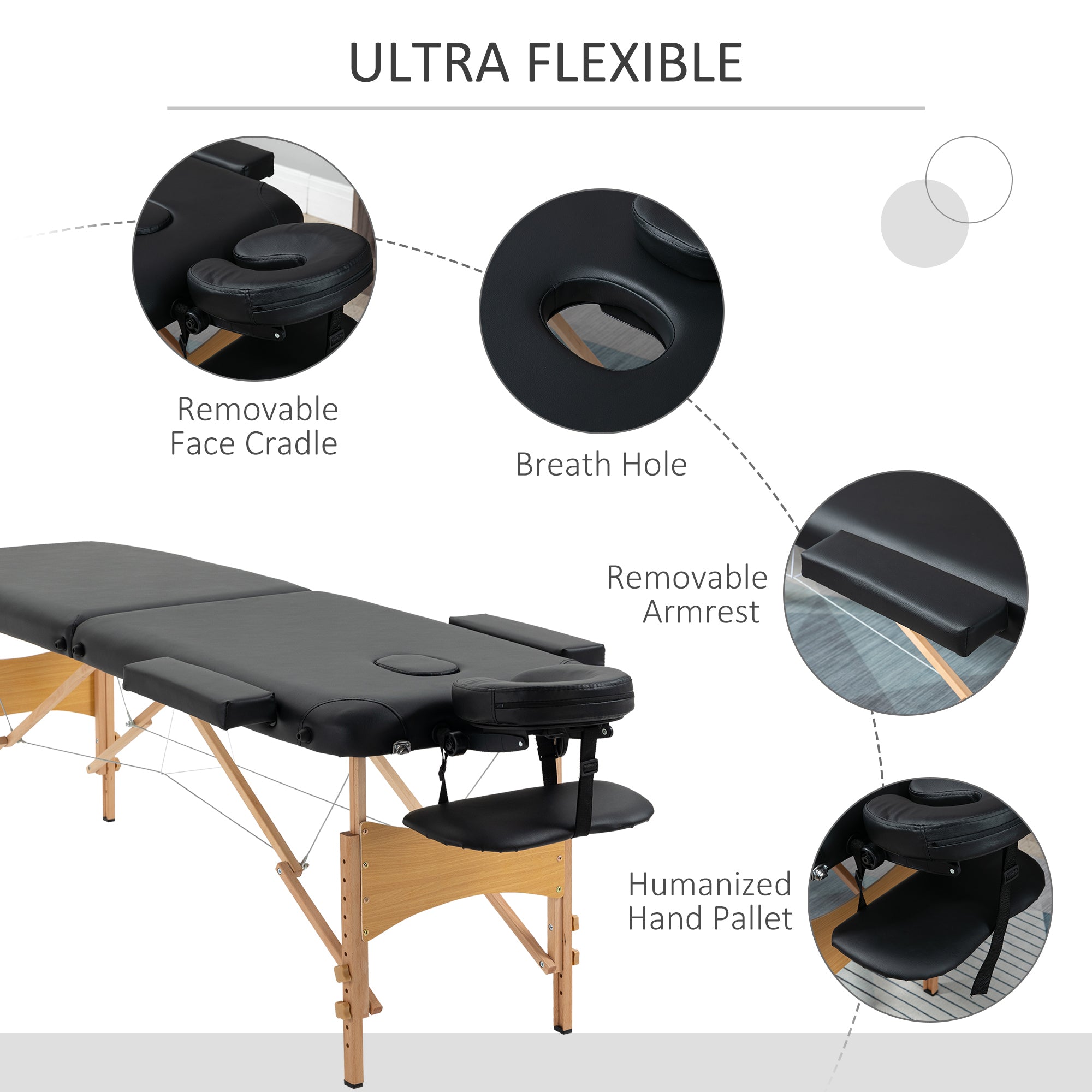 HOMCOM Portable Massage Bed, Folding Spa Beauty Massage Table with 2 Sections, Carry Bag and Wooden Frame, Black - North Peak Garden Furniture