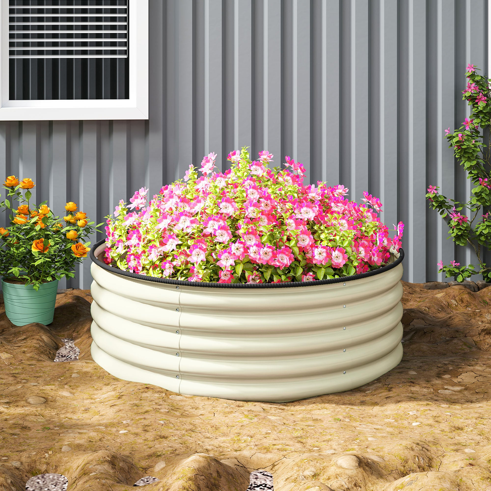 Outsunny Galvanised Raised Garden Bed with Safety Edging, Outdoor Raised Planter Box with Gloves, 120 x 120 x 43cm, Cream White - North Peak Garden Furniture