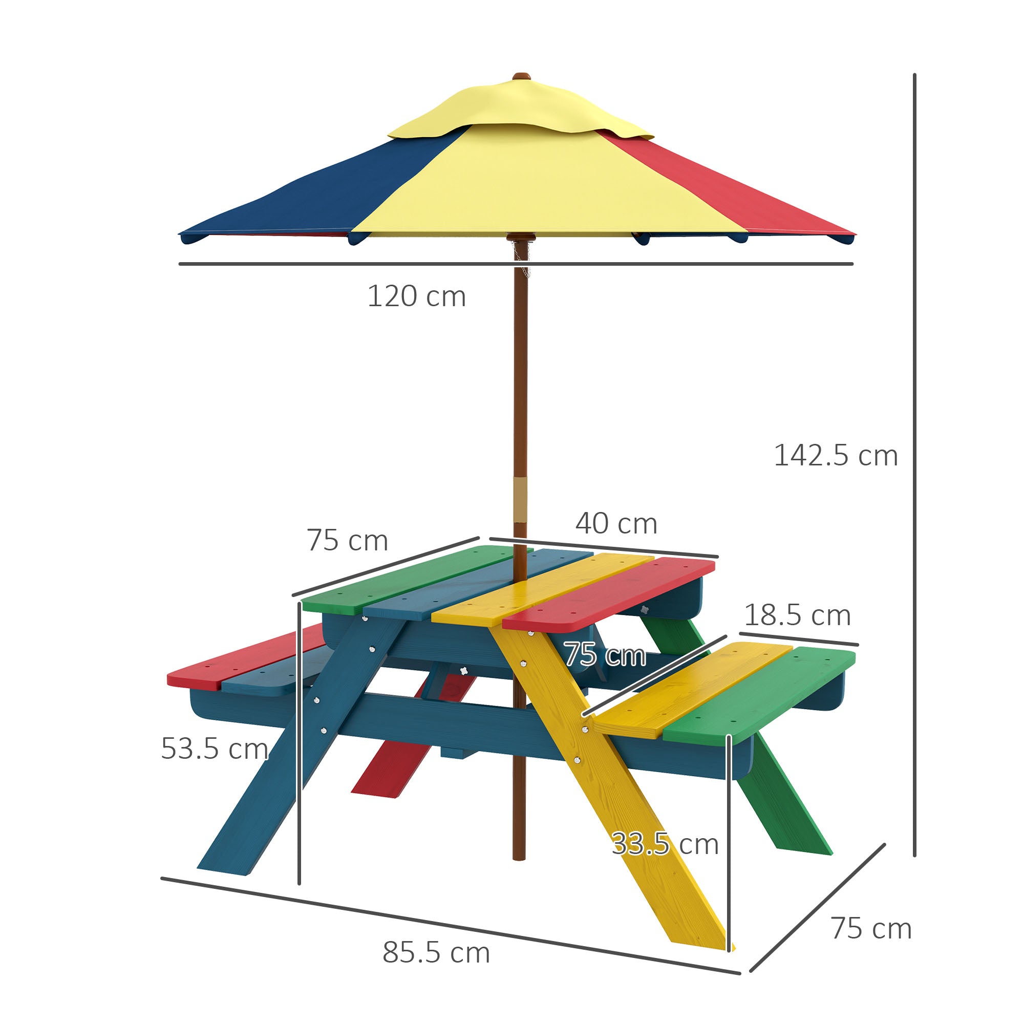 Outsunny Wooden Kids Table and Chair Set with Removable Parasol, for Ages 3-6 Years - Multicoloured - North Peak Garden Furniture