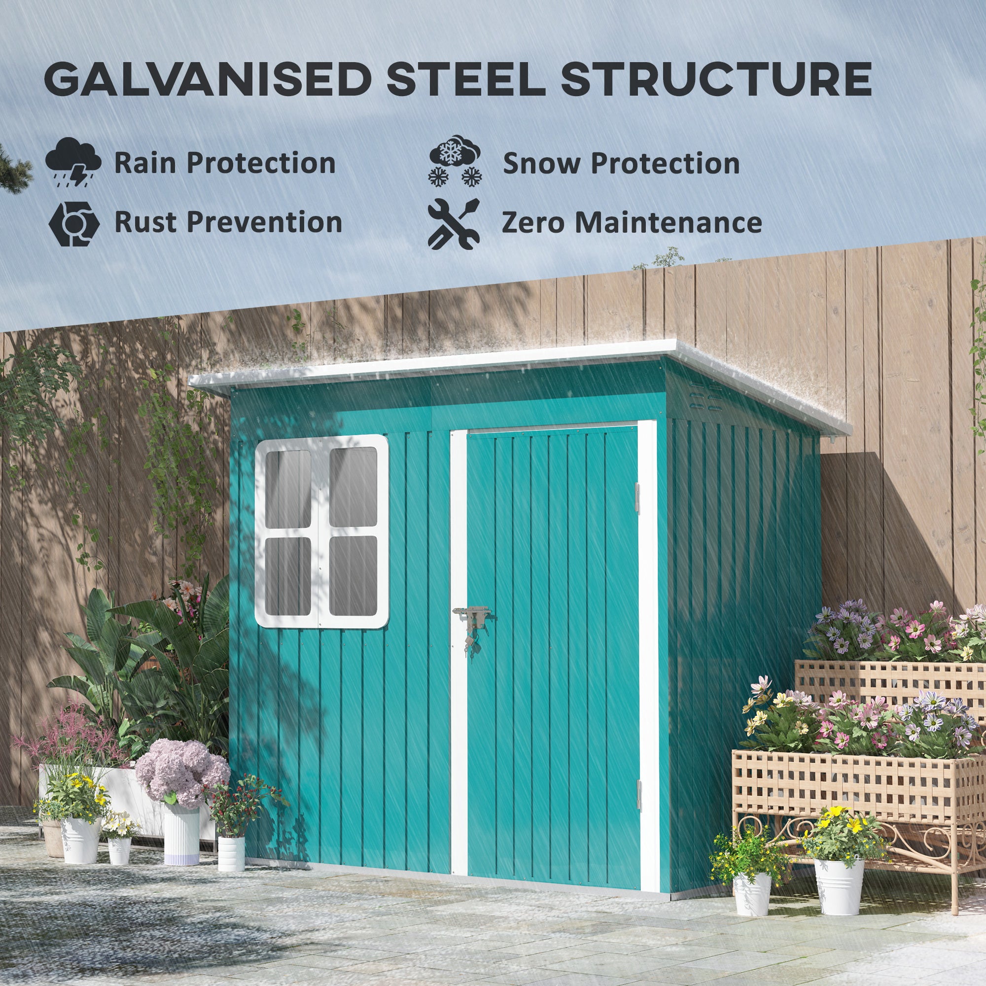 Outsunny 7 x 4ft Galvanised Steel Garden Shed, with Lock and Gloves - Green - North Peak Garden Furniture